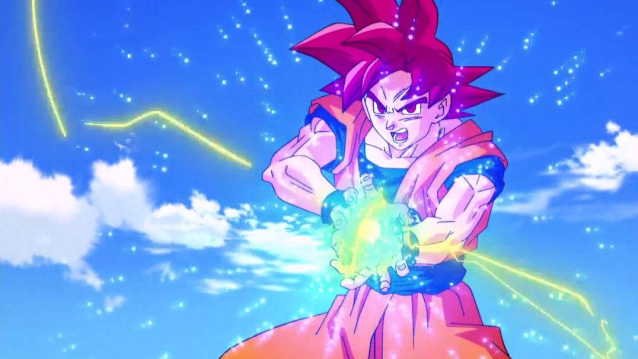 Dragon Ball Z Kamehameha-bølge fra San Goku med blå ildkule, super saiyan anime.