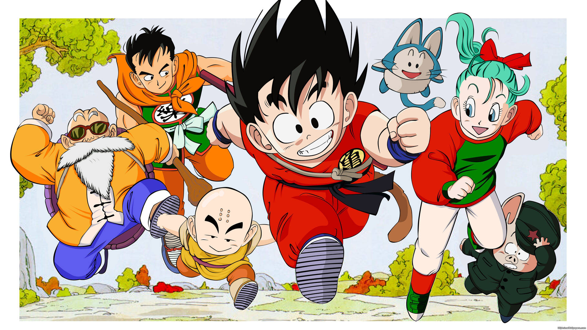 Unge San Goku og andre Dragon Ball Z-karakterer som løper på planeten Namek.