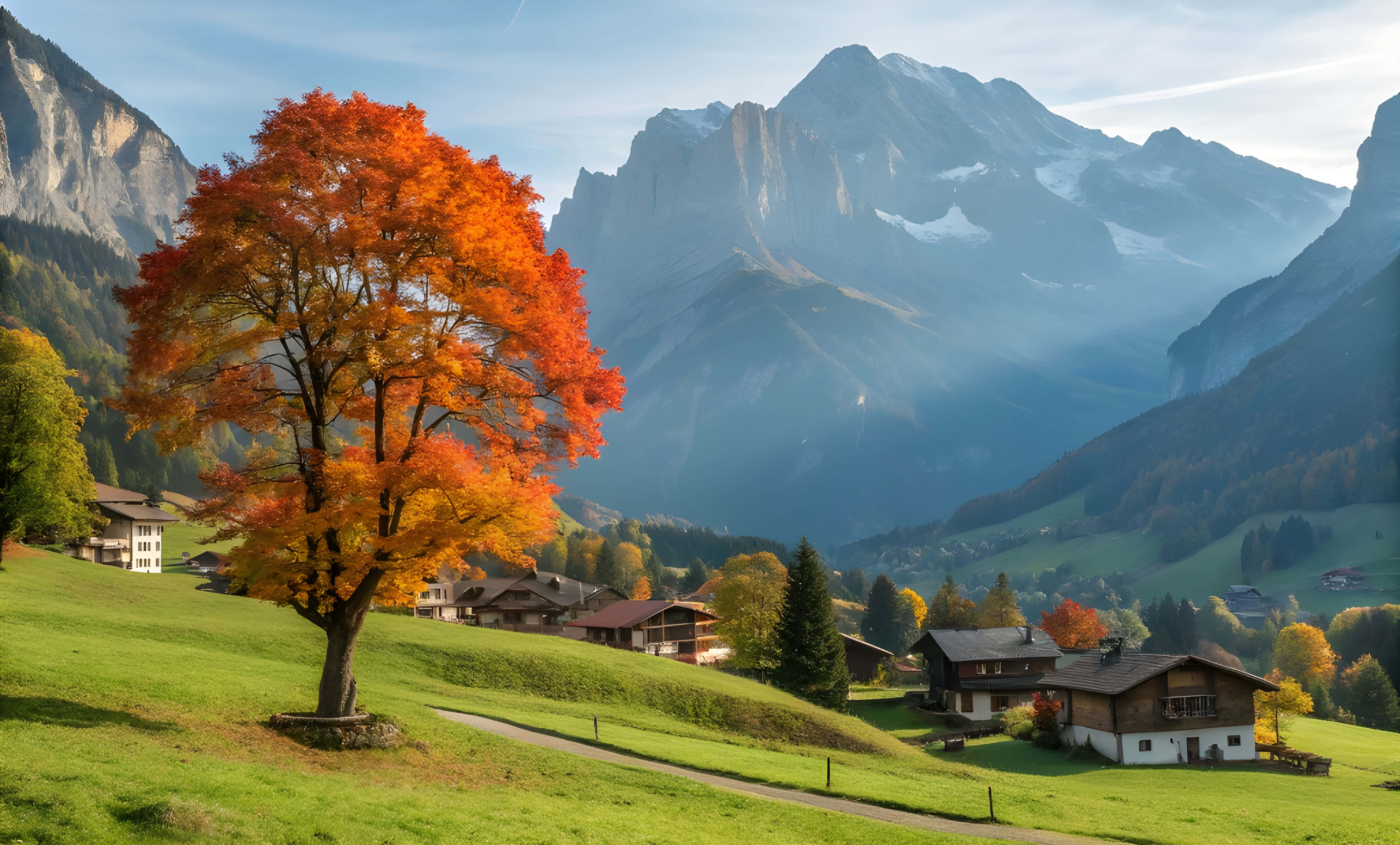 Grindelwald landsby og appelsintre med blått fjellutsikt Bakgrunner