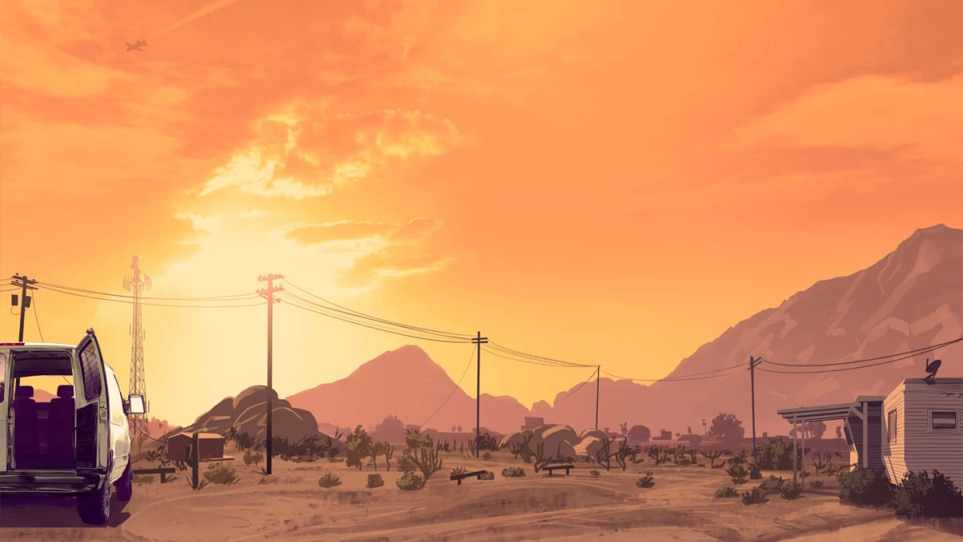 Gta-bakgrunn med oransje himmel over fjellene Bakgrunner