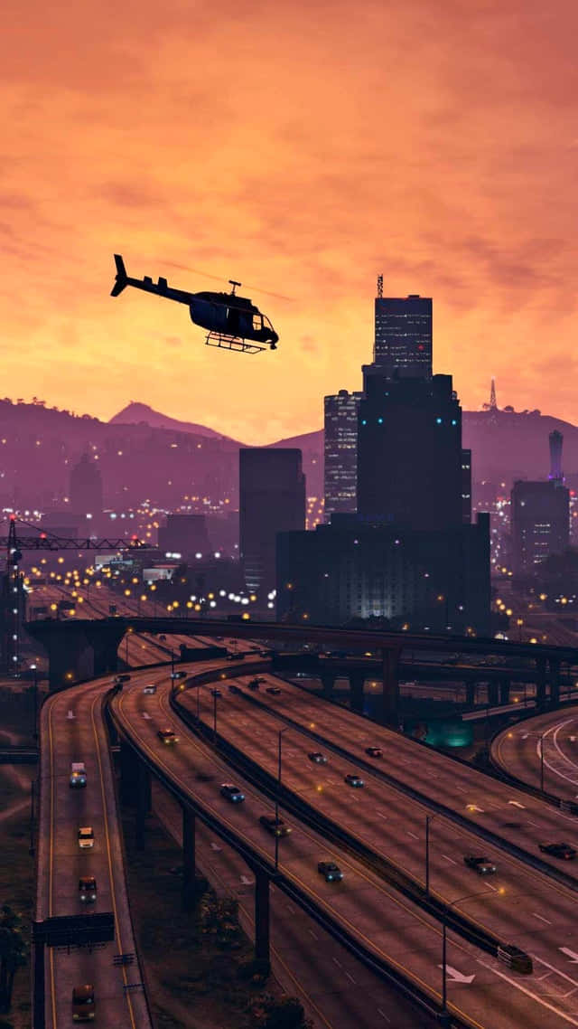 GTA-bakgrunn med helikopter som flyr over Los Santos Bakgrunner