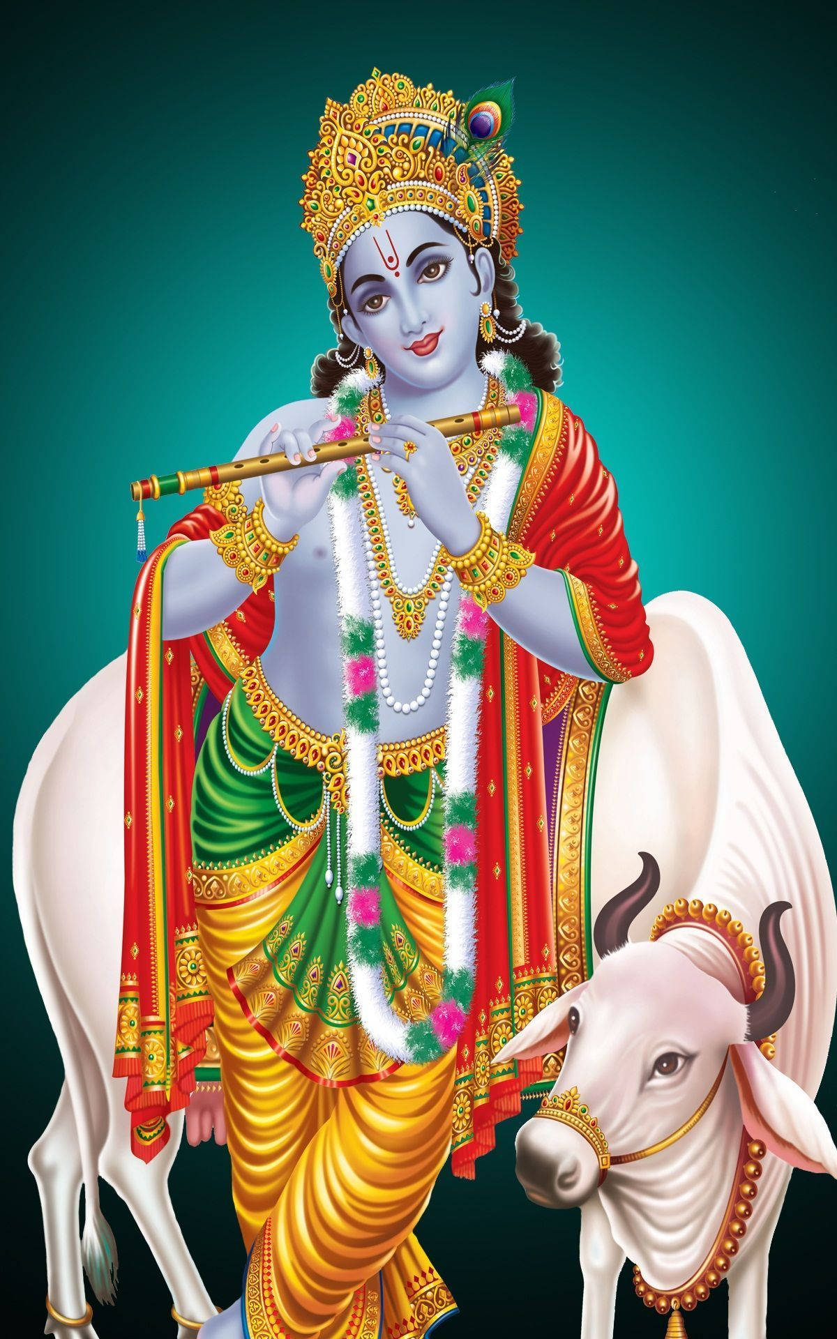 Guddommelig Krishna med hellig ku – mobilbakgrunn Bakgrunner