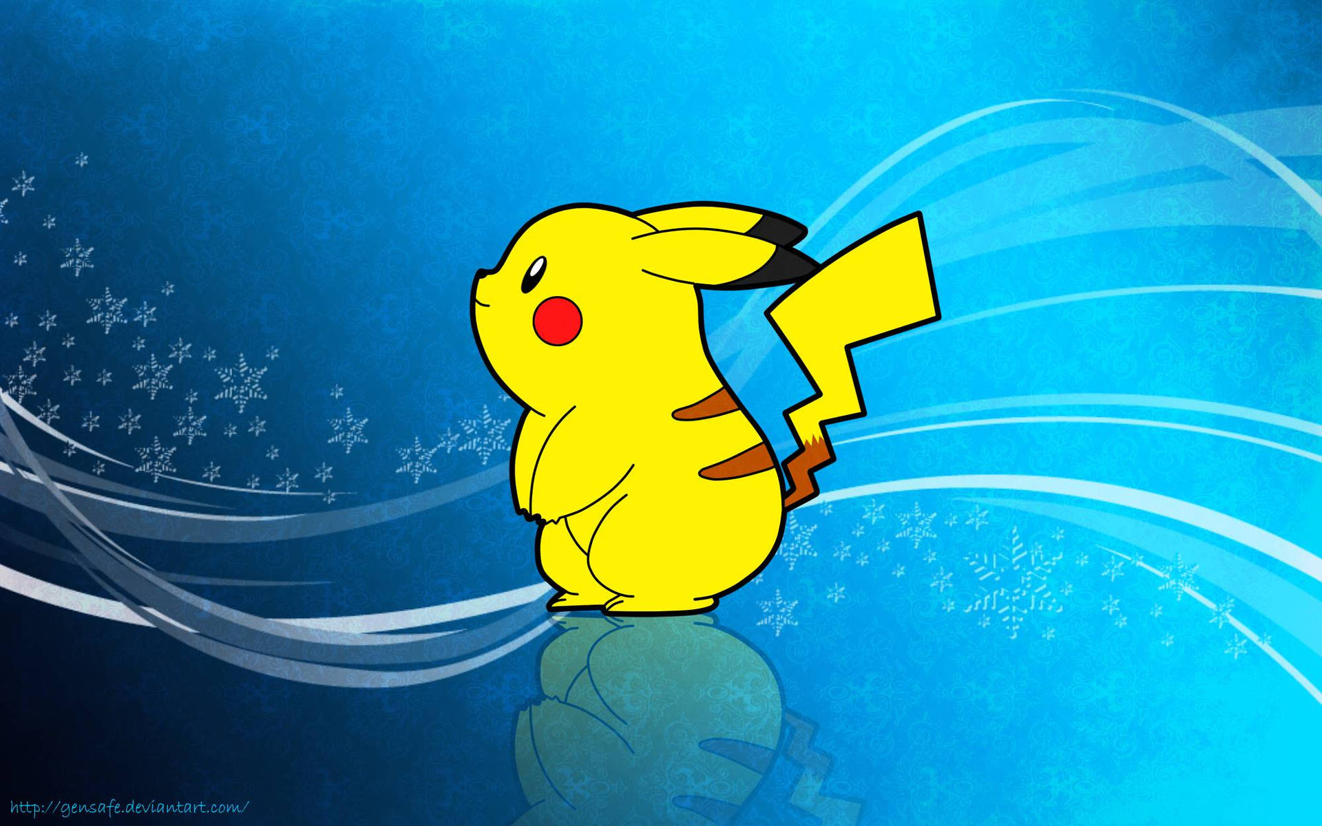 Bakgrunnsbilde av gul Pikachu som ser lubben ut og vendt sidelengs.