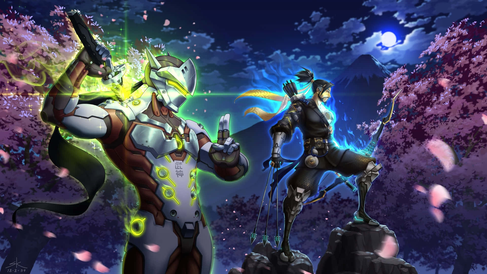 Hanzo og Genji karakterer 1920x1080 Overwatch nattbakgrunn Bakgrunner