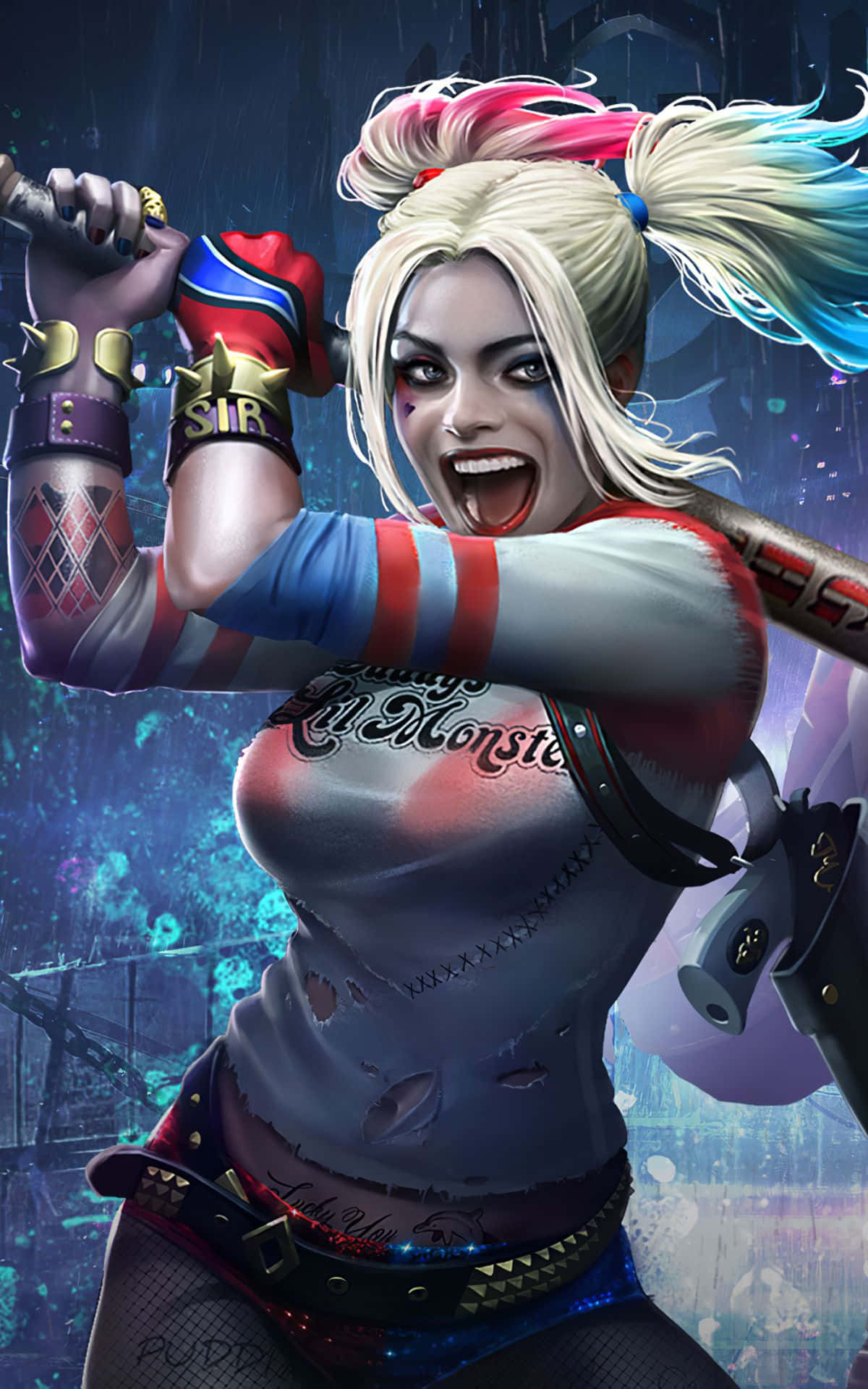 Harleen Quinzel i sitt ikoniske utseende fra videospillet "Arkham City" Bakgrunner