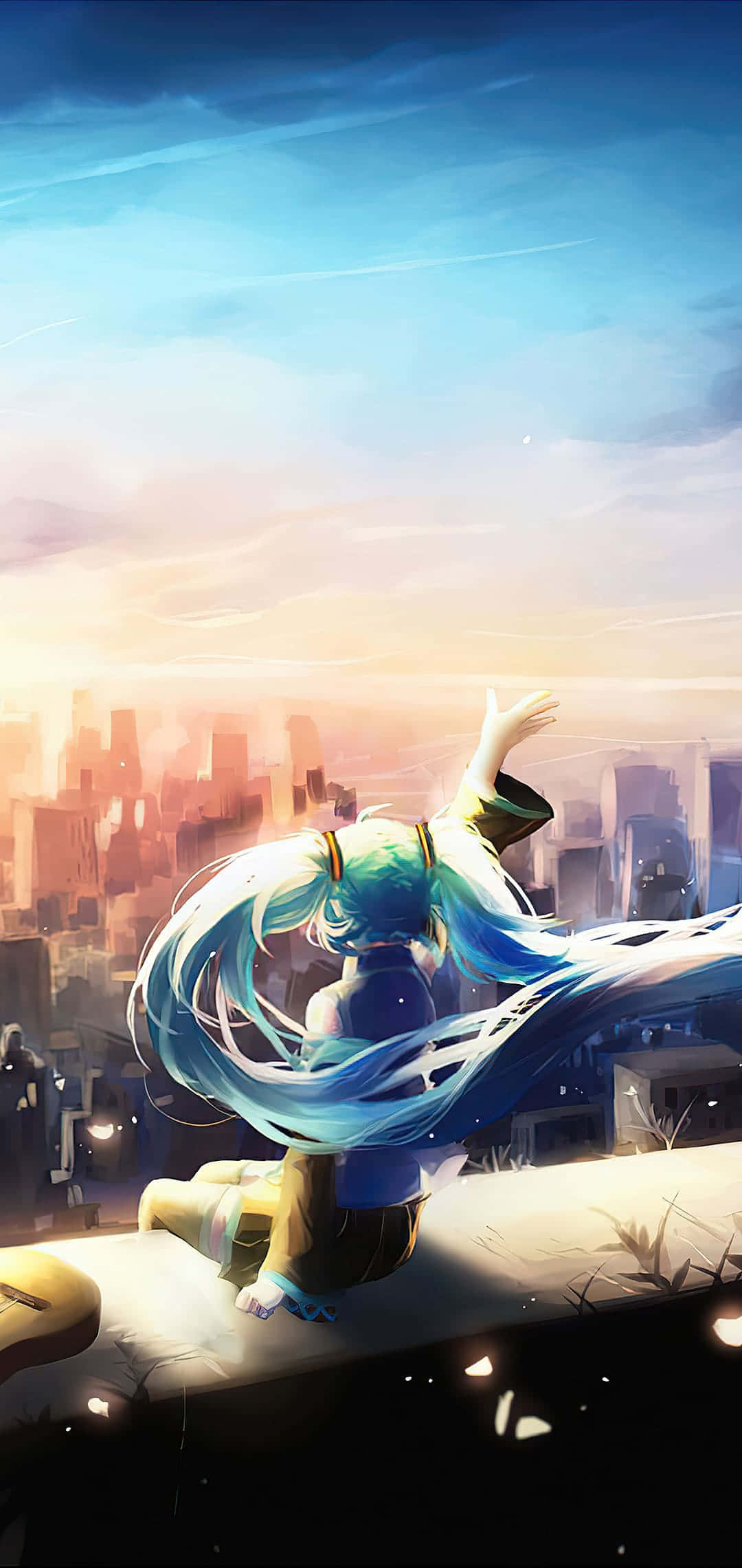 Hatsune Miku på taket med byutsikt telefon Bakgrunner