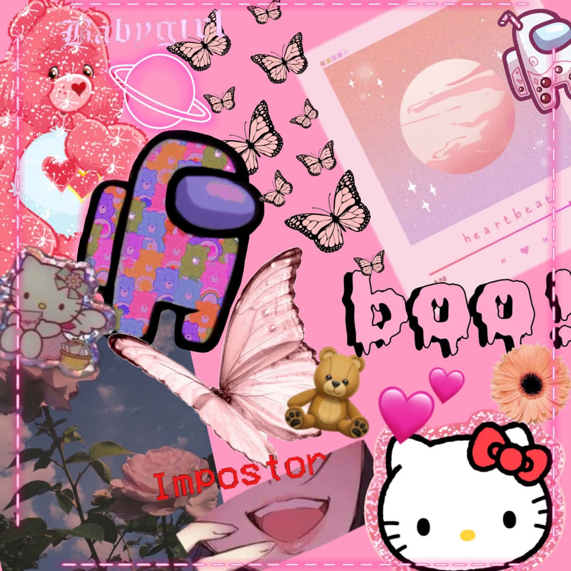 hello kitty, teddybjørn og andre gjenstander vises på en rosa bakgrunn Bakgrunner