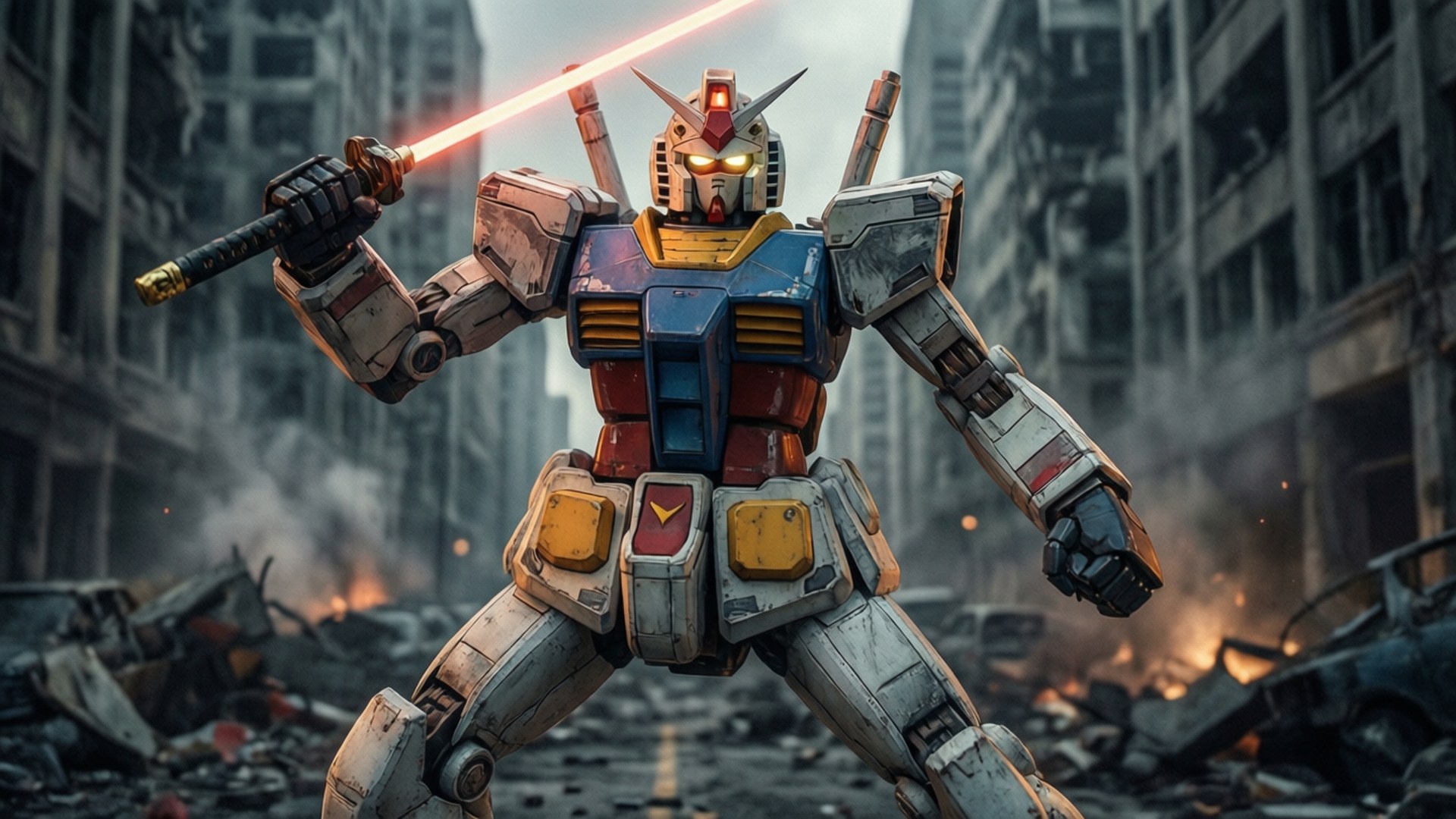 Heroisk Gundam i ruiner Bakgrunner