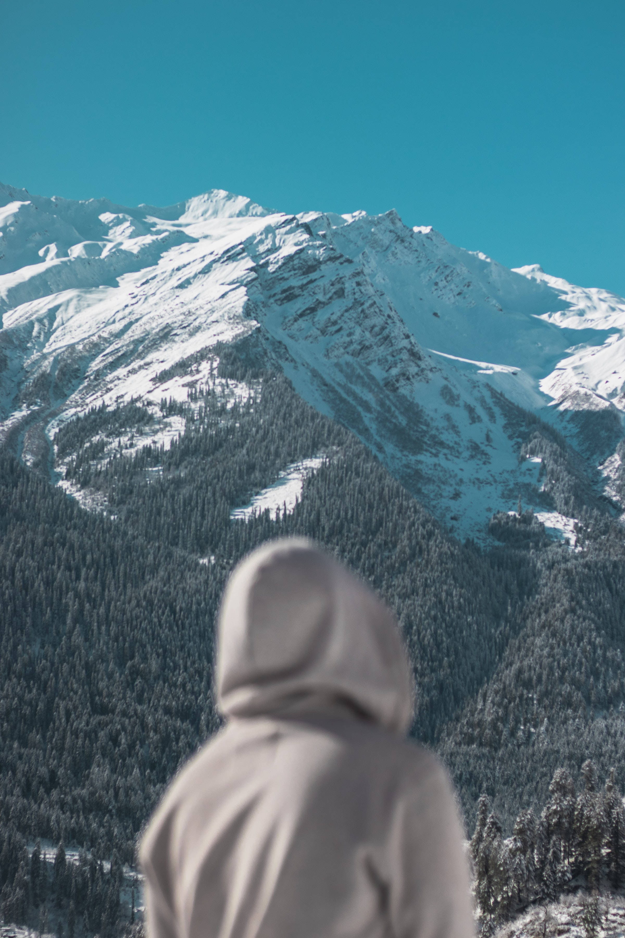Hetet skikkelse i profil vendt mot et snødekt fjell Bakgrunner