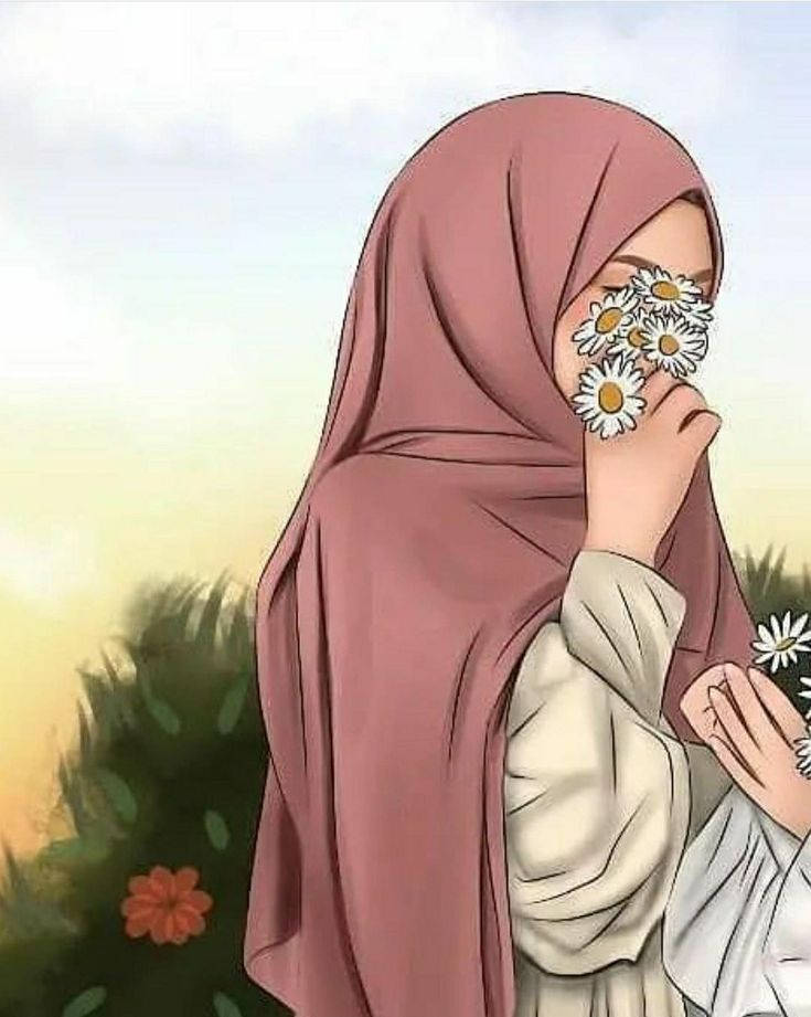 Hijab tegneserie hvite blomster Bakgrunner