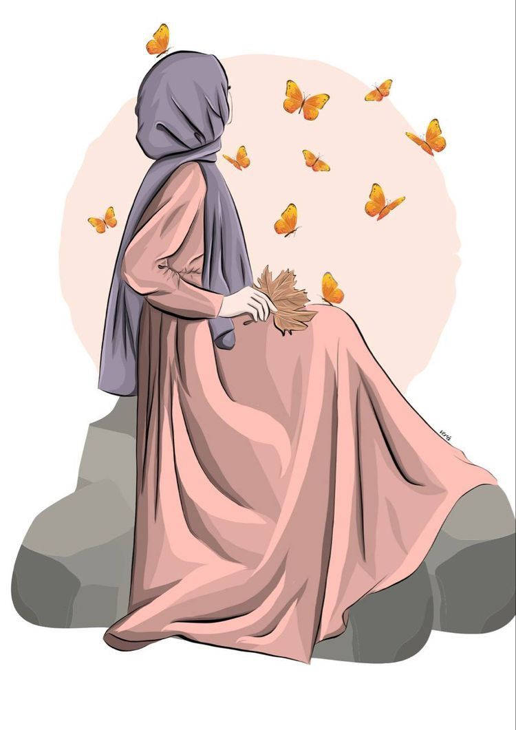 Hijab Tegneserie Oransje Sommerfugler Bakgrunner