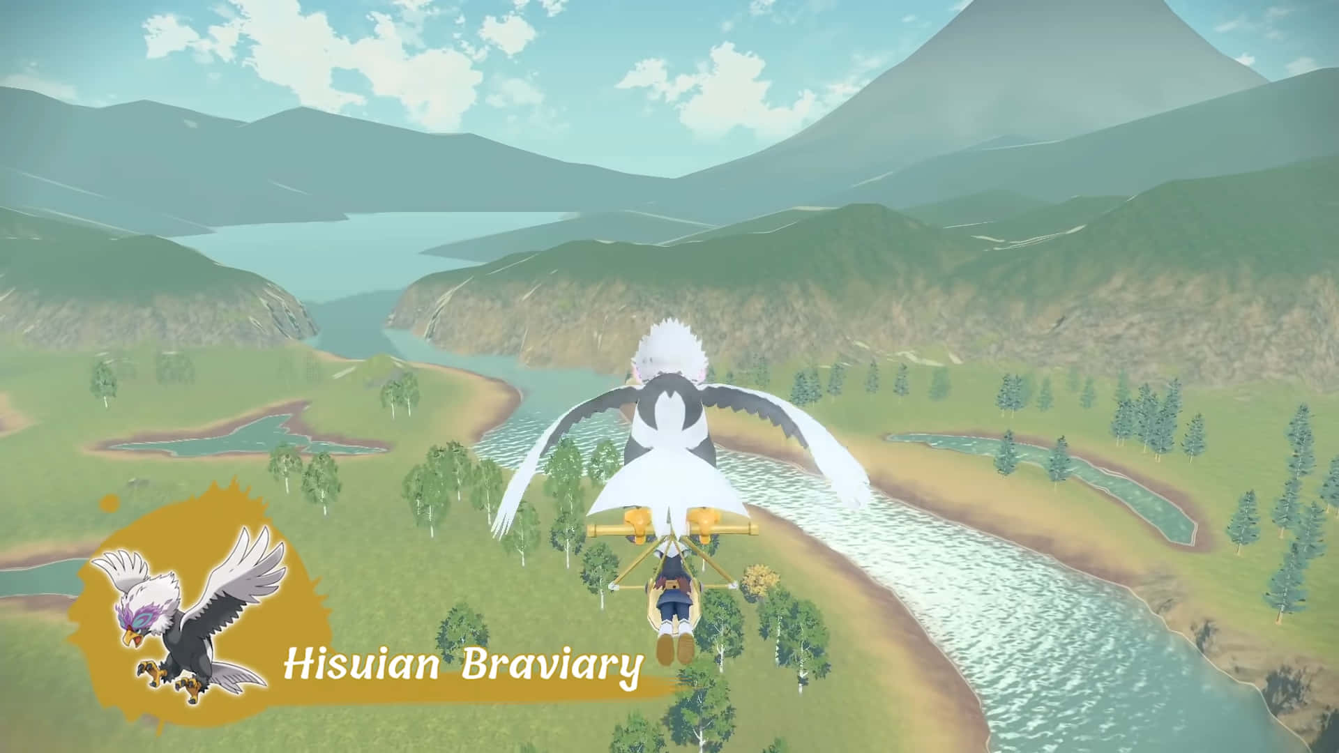 Hisuisk Braviary som flyr over en elv Bakgrunner