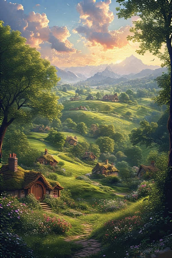 Hobbiton-åser og Hobbit-hus Fantasi 4K Bakgrunner