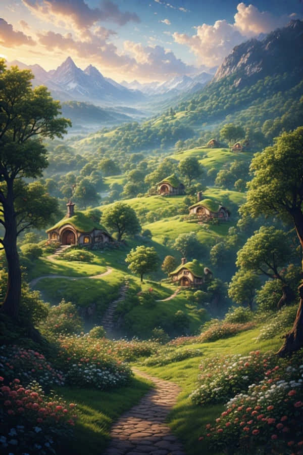 Hobbiton-åser og Hobbit-hus Fantasi 4K Bakgrunner