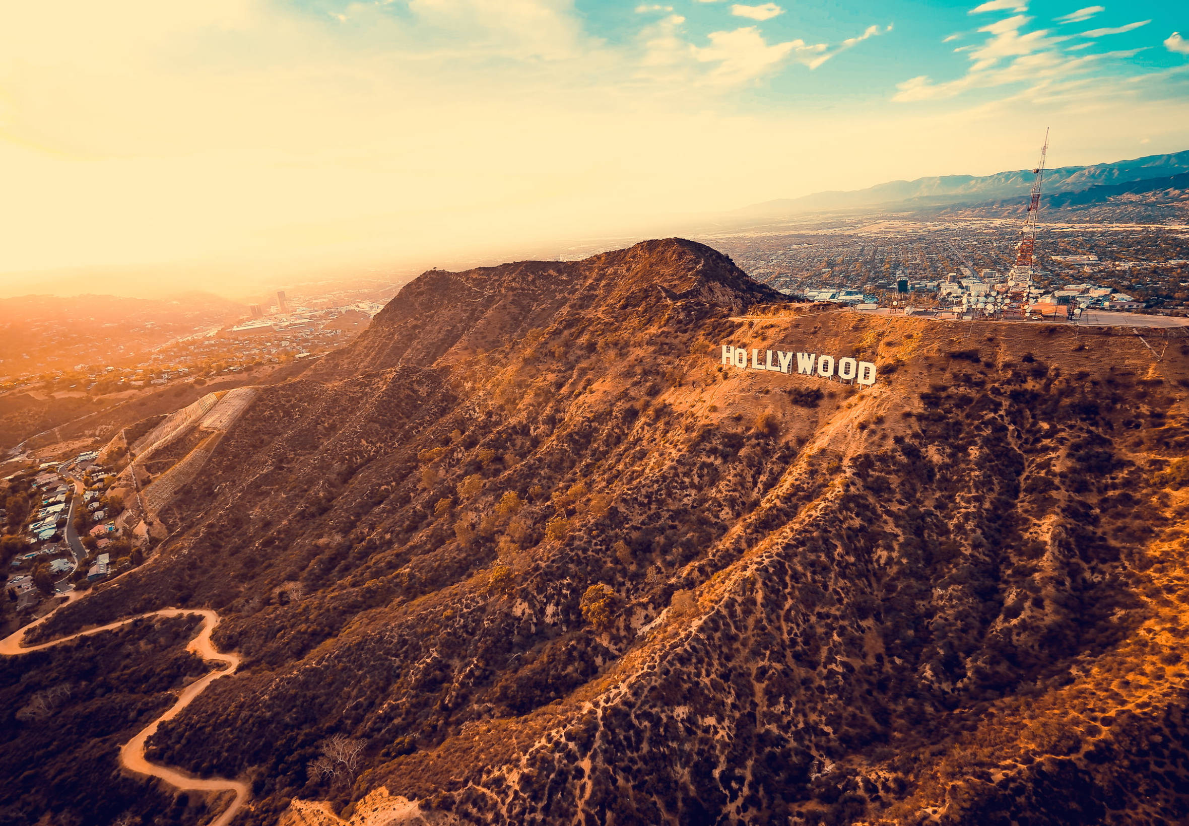 Hollywood-skiltet Los Angeles solnedgang Bakgrunner