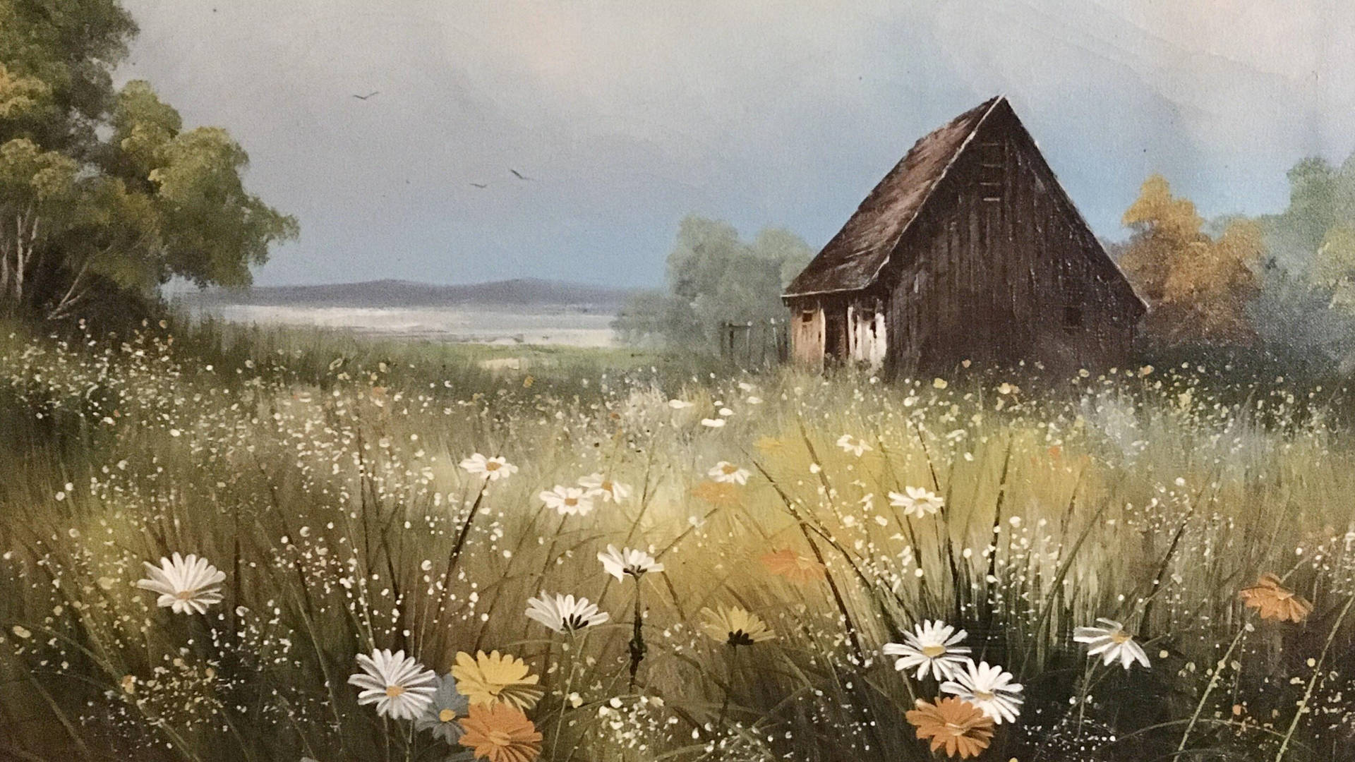 Hytte og blomster Cottagecore skrivebord Bakgrunner