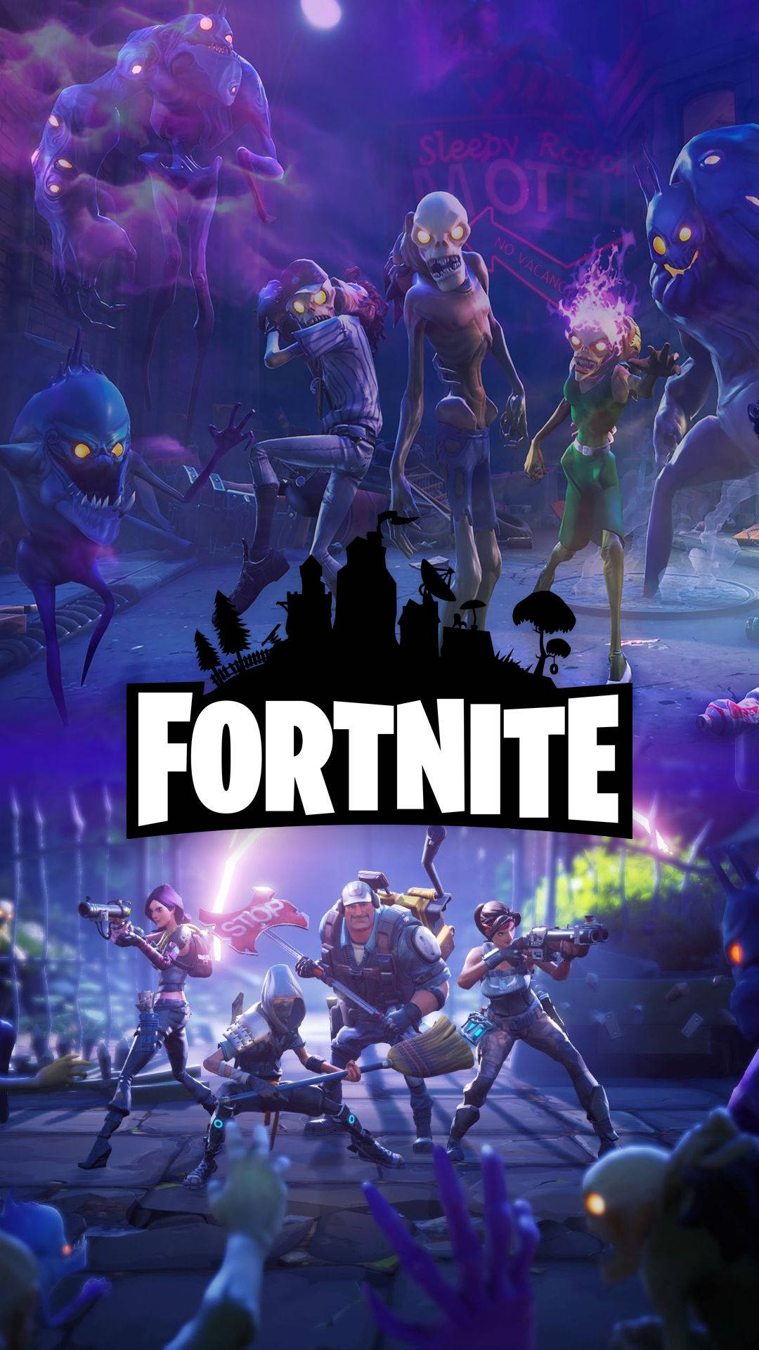 Zombier og mennesker som kjemper mot hverandre med Fortnite-logo HD-bakgrunn.