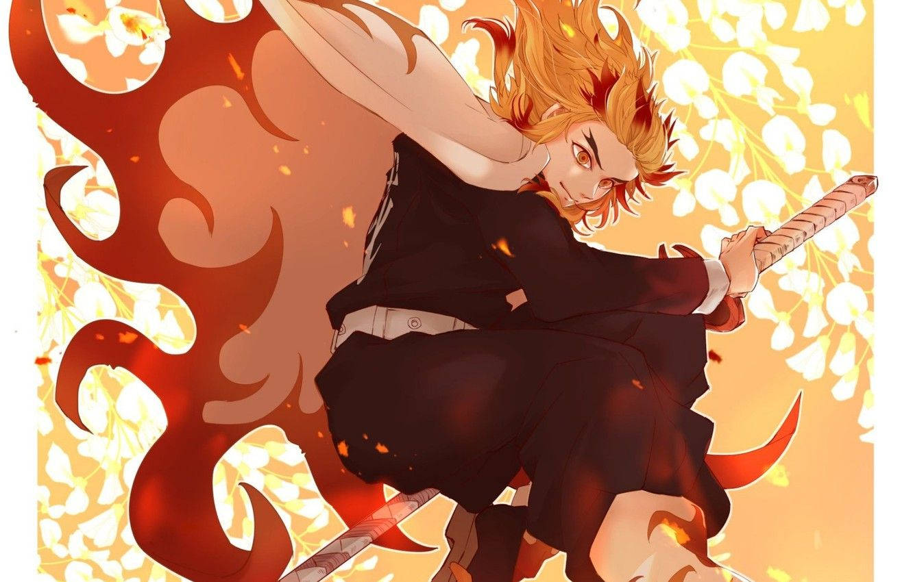Demon Slayer-bakgrunnsbilde av ildhashira Kyojuro Rengoku som holder kanten av sverdet sitt