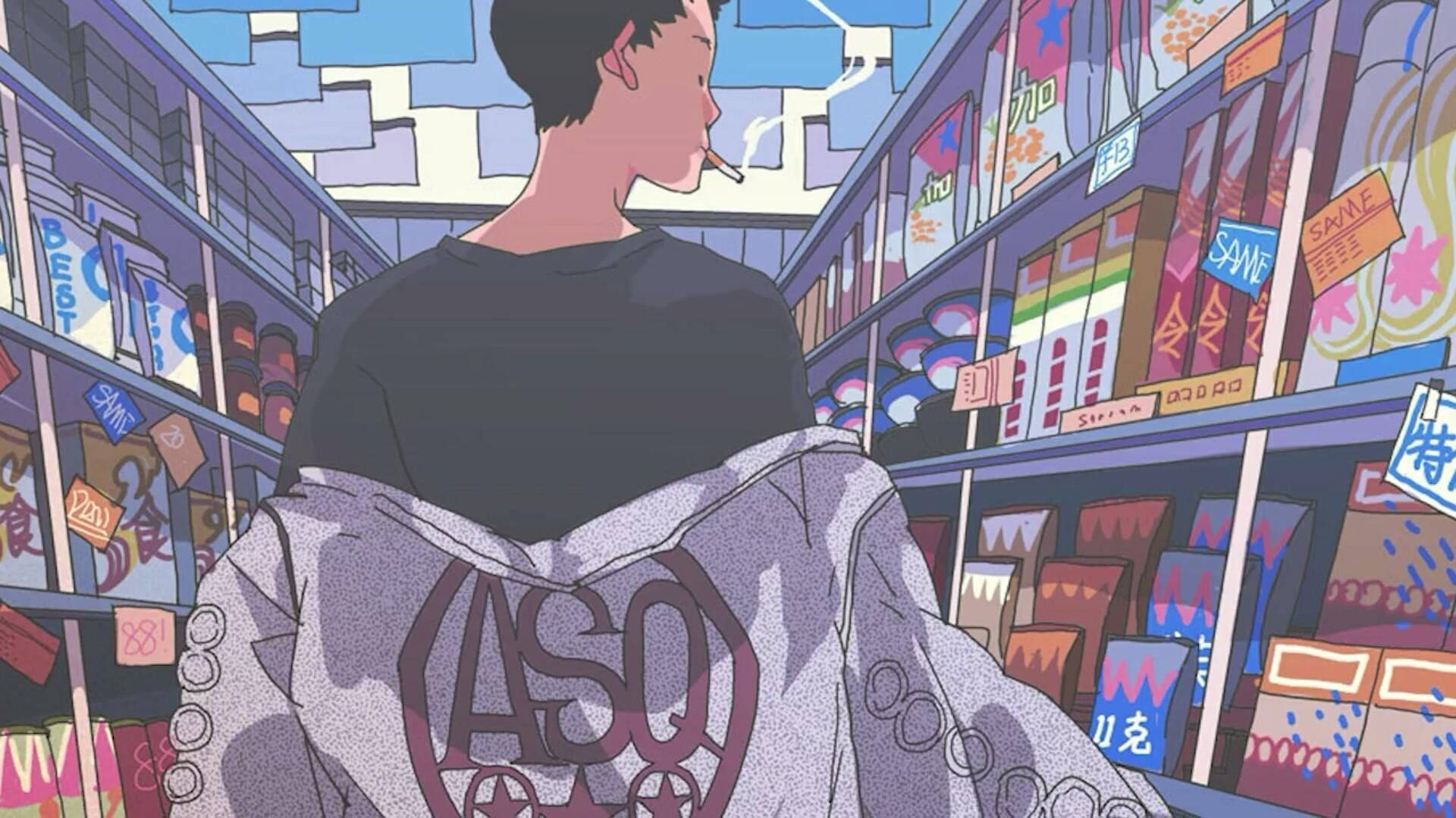 Indie estetikk laptop anime gutt på matbutikk Bakgrunner