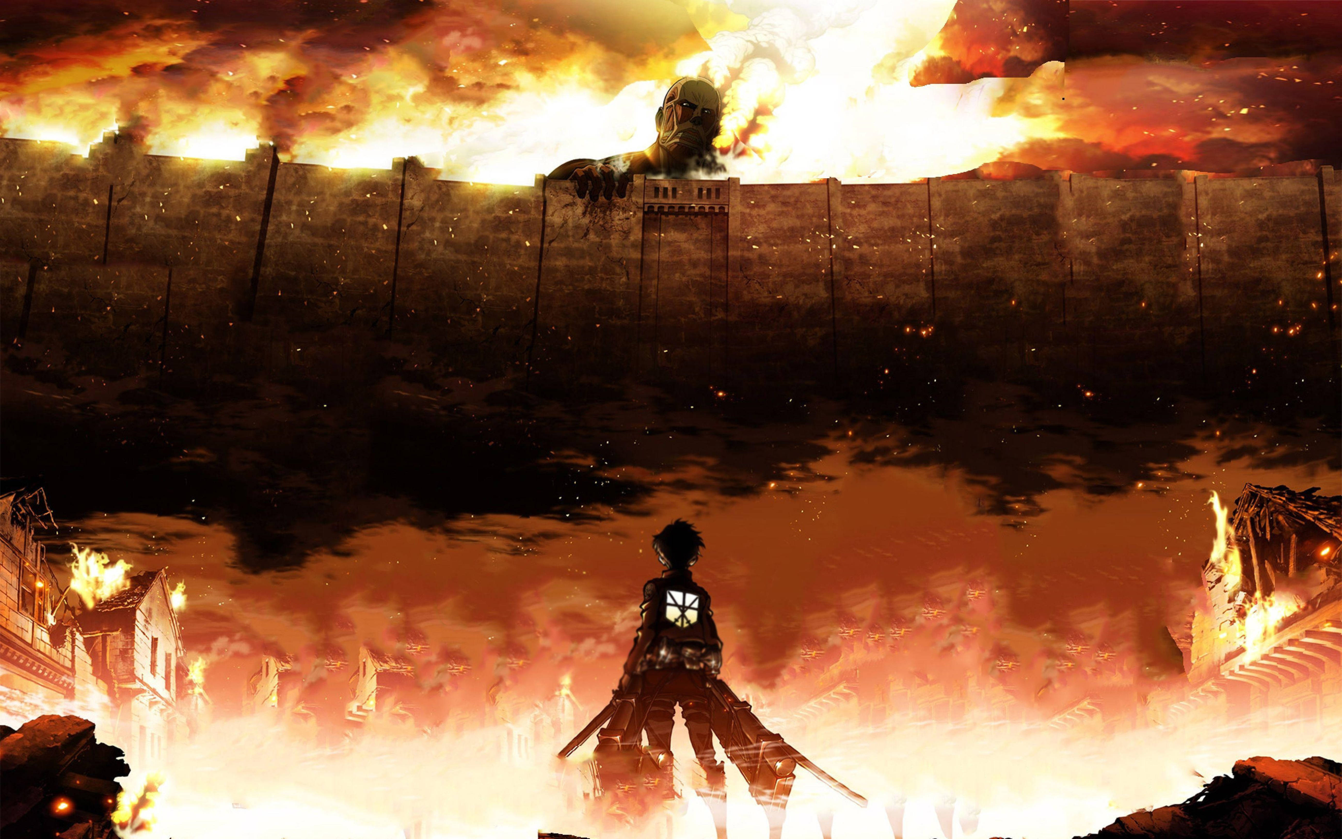 Intenst øyeblikk fra Attack on Titan 4K, med Eren i Steam Titan-form Bakgrunner