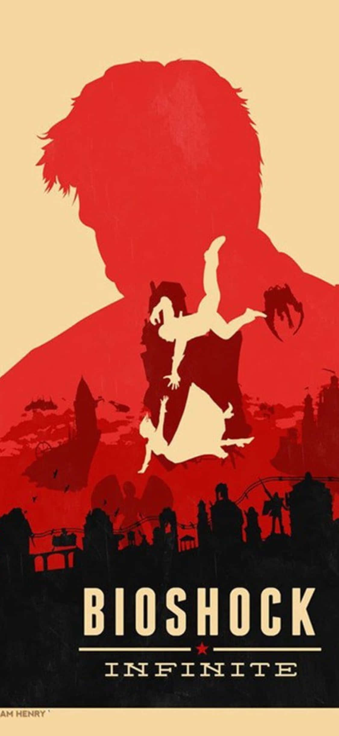 iPhone X Bioshock Infinite bakgrunn rød plakat Booker og Elizabeth faller Bakgrunner
