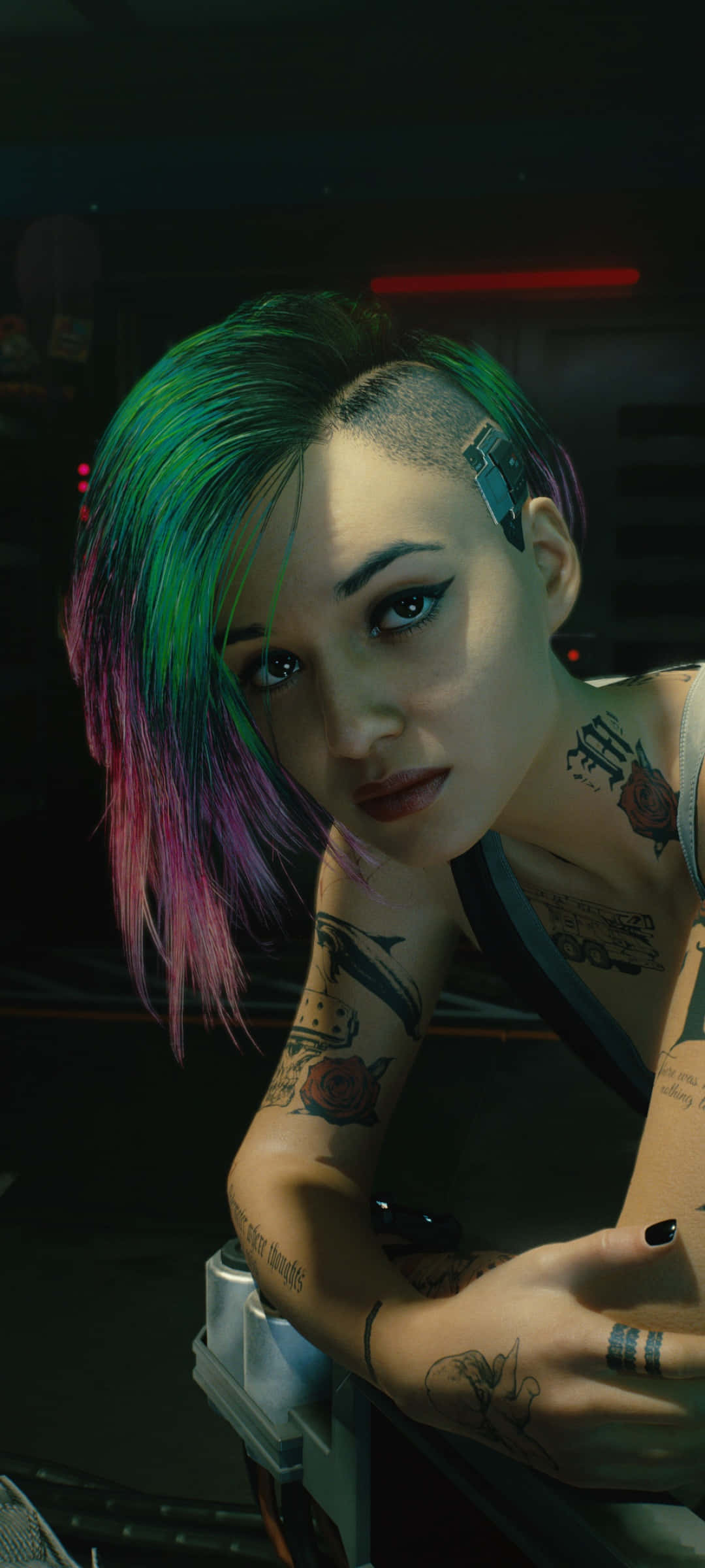 iPhone X Cyberpunk 2077-bakgrunn Judy Alvarez med grønt og lilla hår Bakgrunner