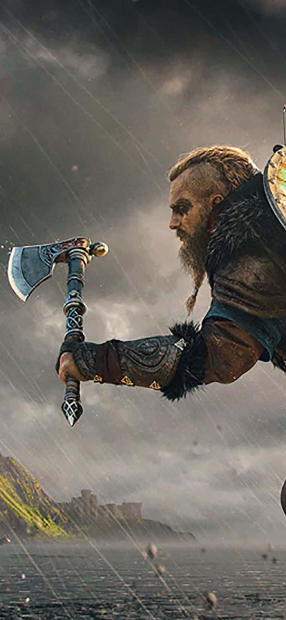 iPhone Xs Assassin's Creed Valhalla Vikingkriger I Regnet Bakgrunn Bakgrunner