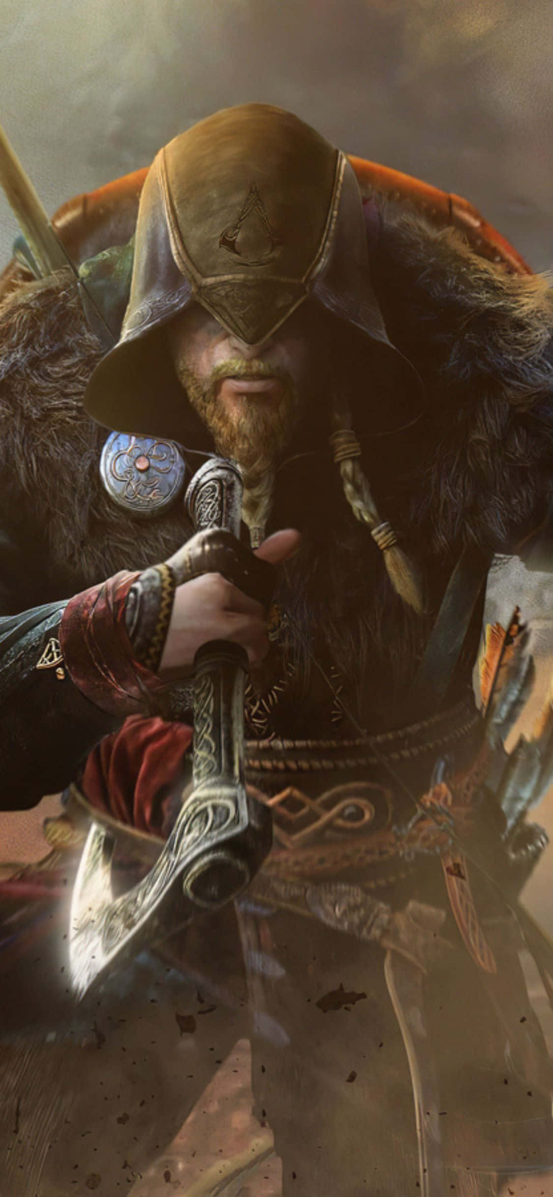 iPhone Xs Assassin's Creed Valhalla Hettekledd Viking Med Øks Bakgrunn Bakgrunner