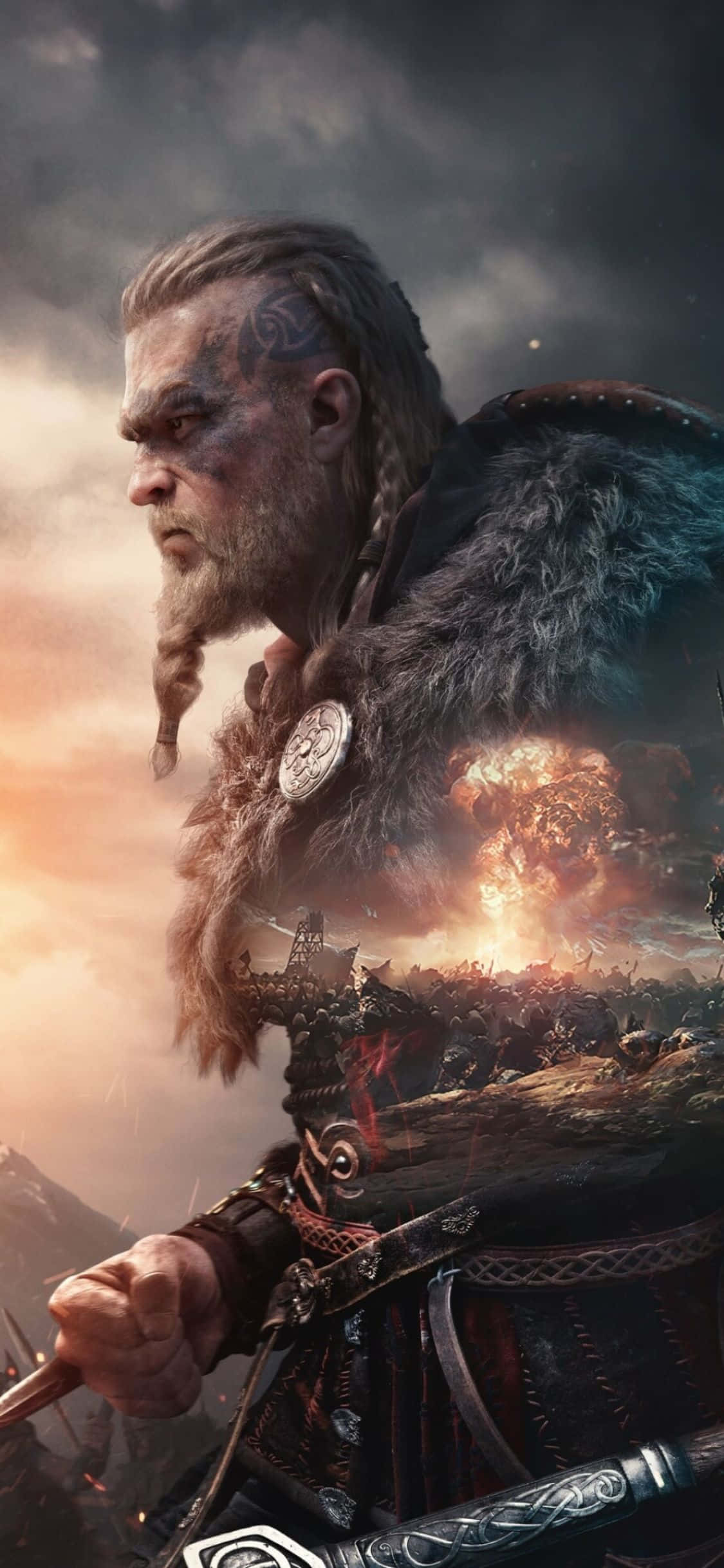 iPhone Xs Assassin's Creed Valhalla Eivor Med Beskåret Eksplosjon Bakgrunn Bakgrunner