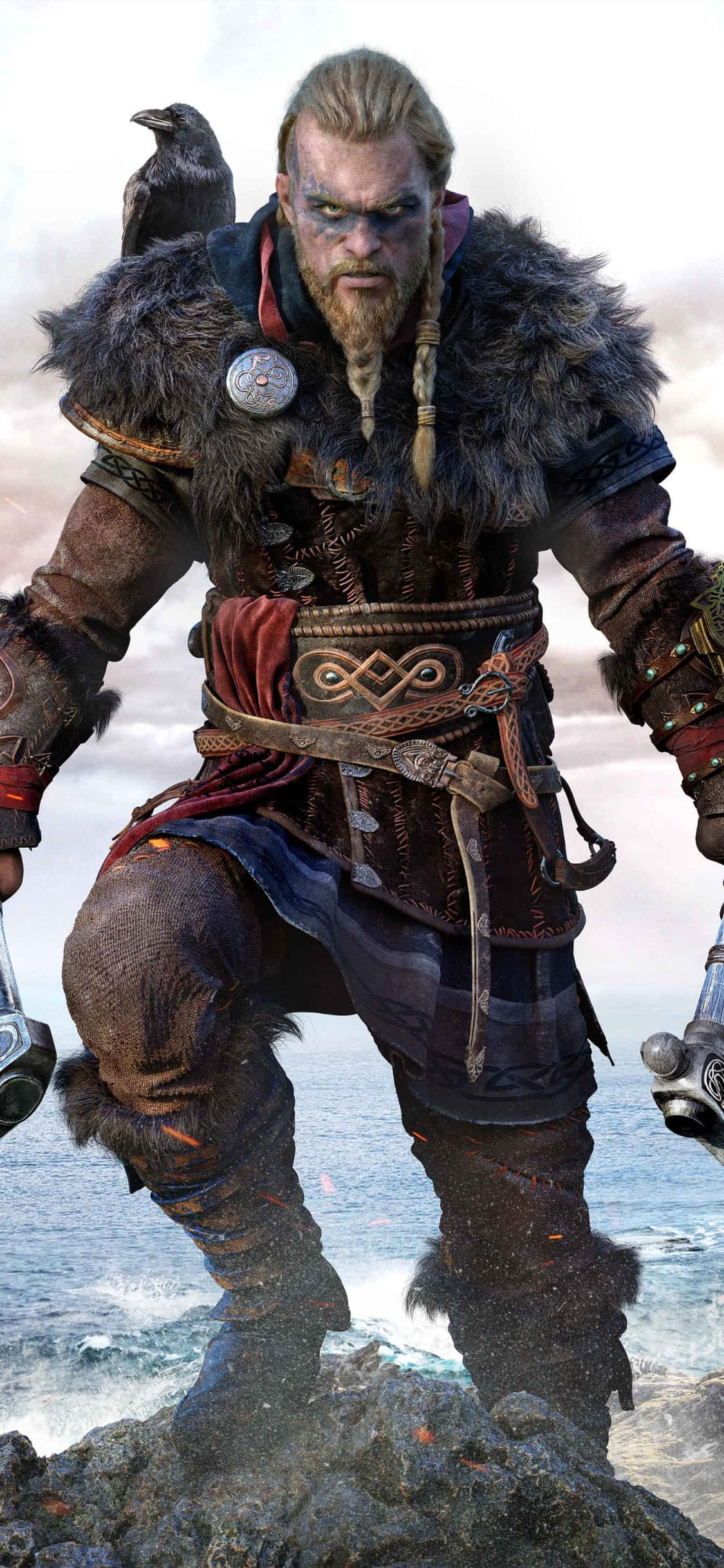 iPhone Xs Assassin's Creed Valhalla Eivor på toppen av en ås Bakgrunn Bakgrunner
