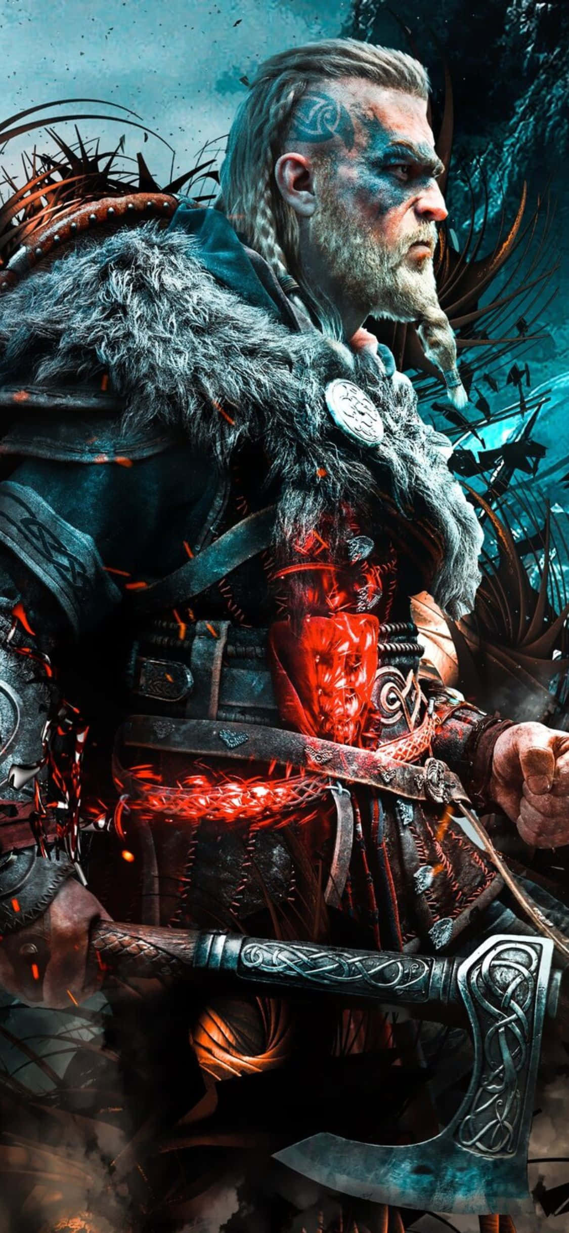 iPhone Xs Assassin's Creed Valhalla Eivor rød aura bakgrunn Bakgrunner