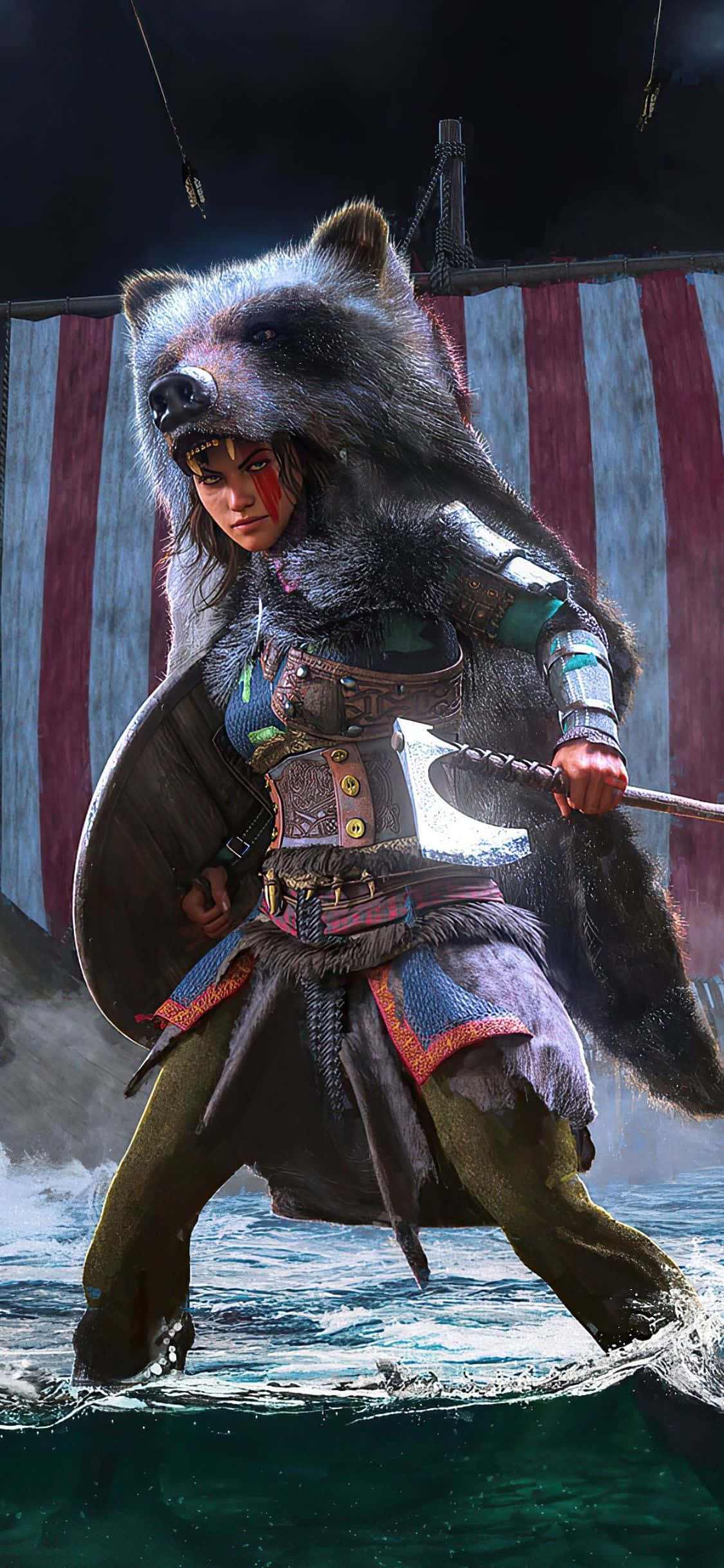 iPhone Xs Assassin's Creed Valhalla Vikingkvinne med bjørnehatt Bakgrunn Bakgrunner