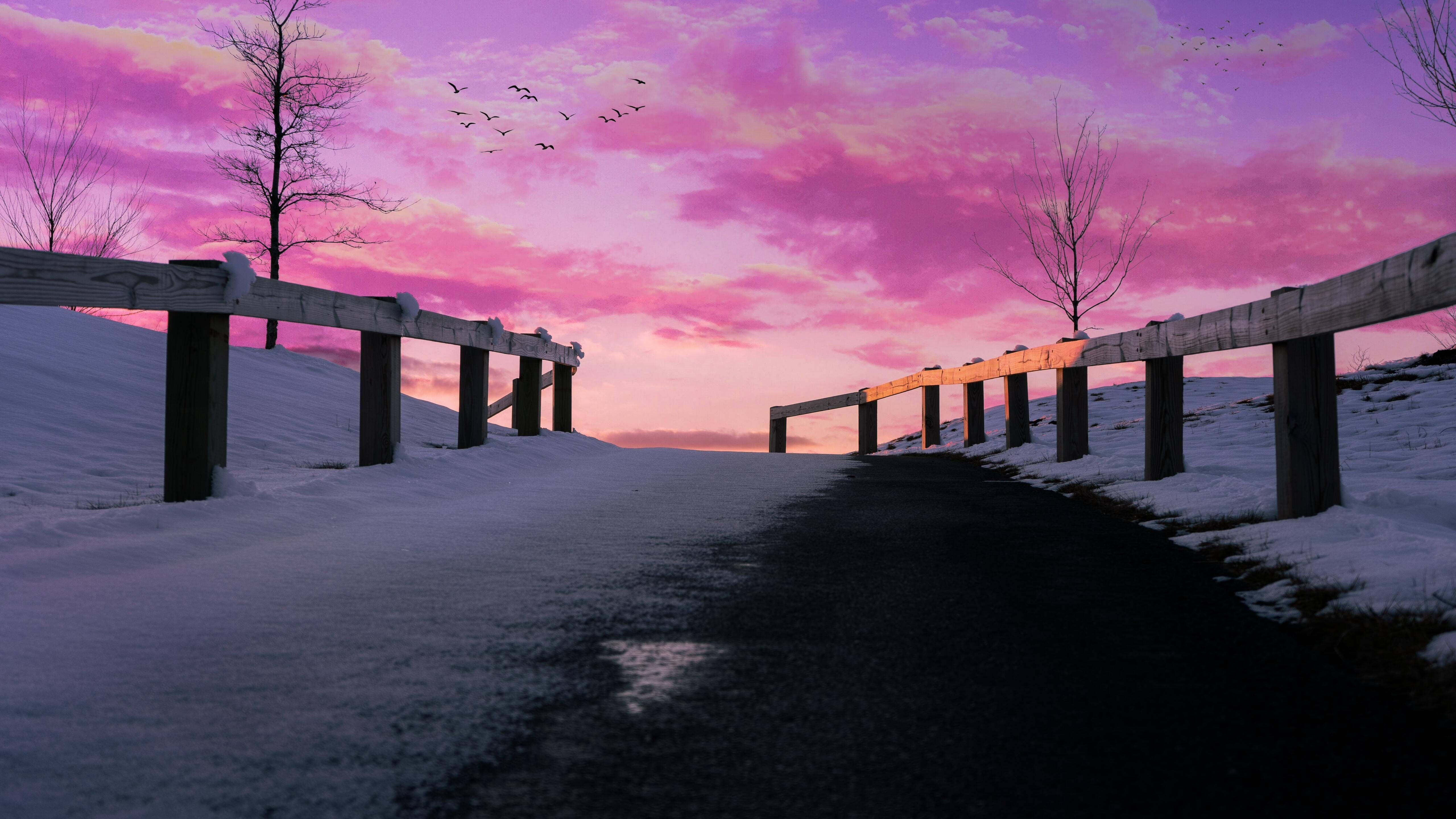 Islagt fortau med rosa himmel estetisk Mac Bakgrunner