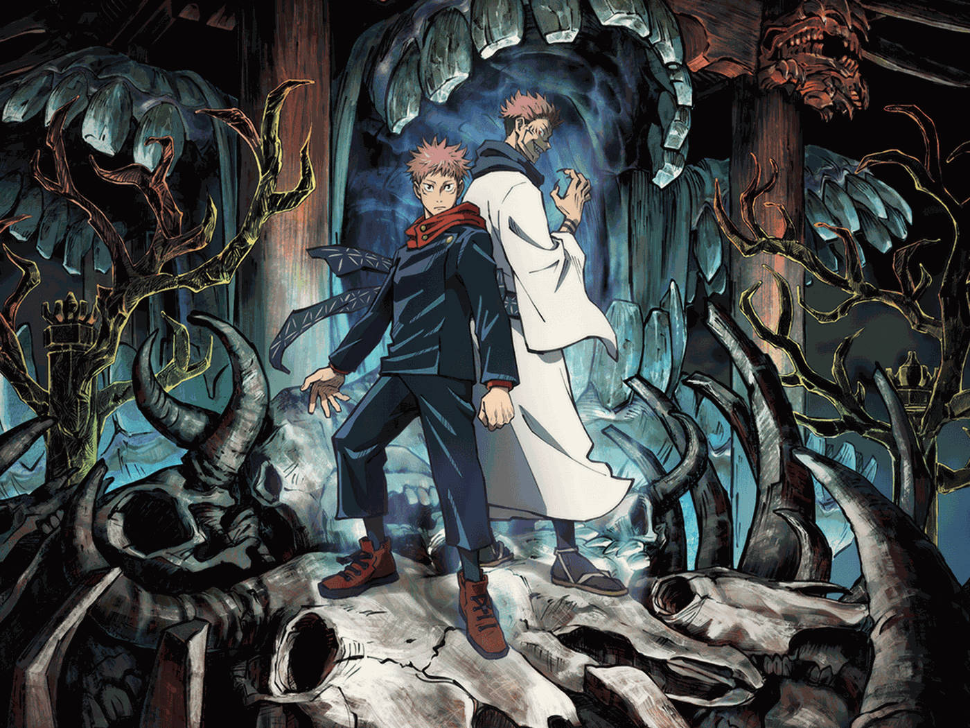 Itadori og Sukuna i Jujutsu Kaisen-animebakgrunn