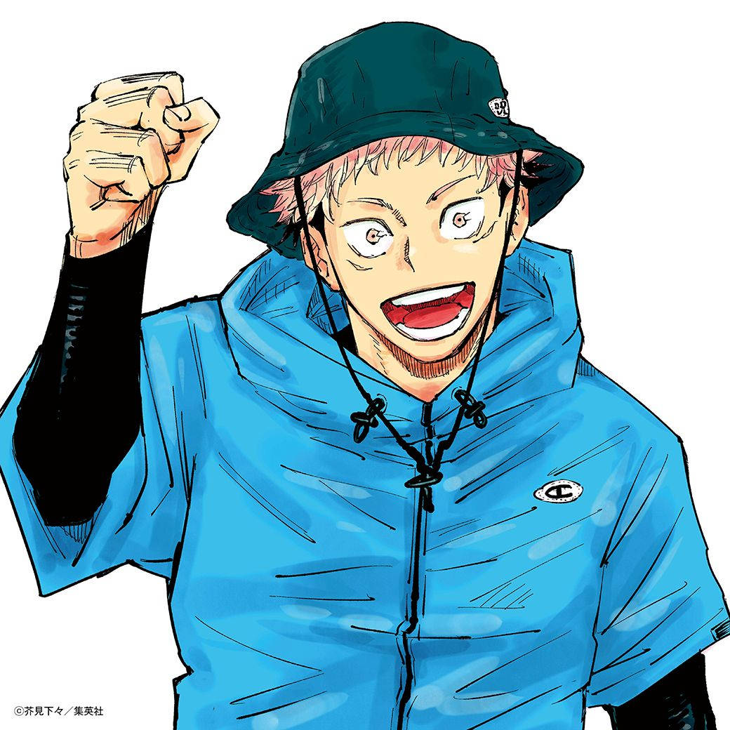 Itadori Yuji i blå jakke i Jujutsu Kaisen-animebakgrunn