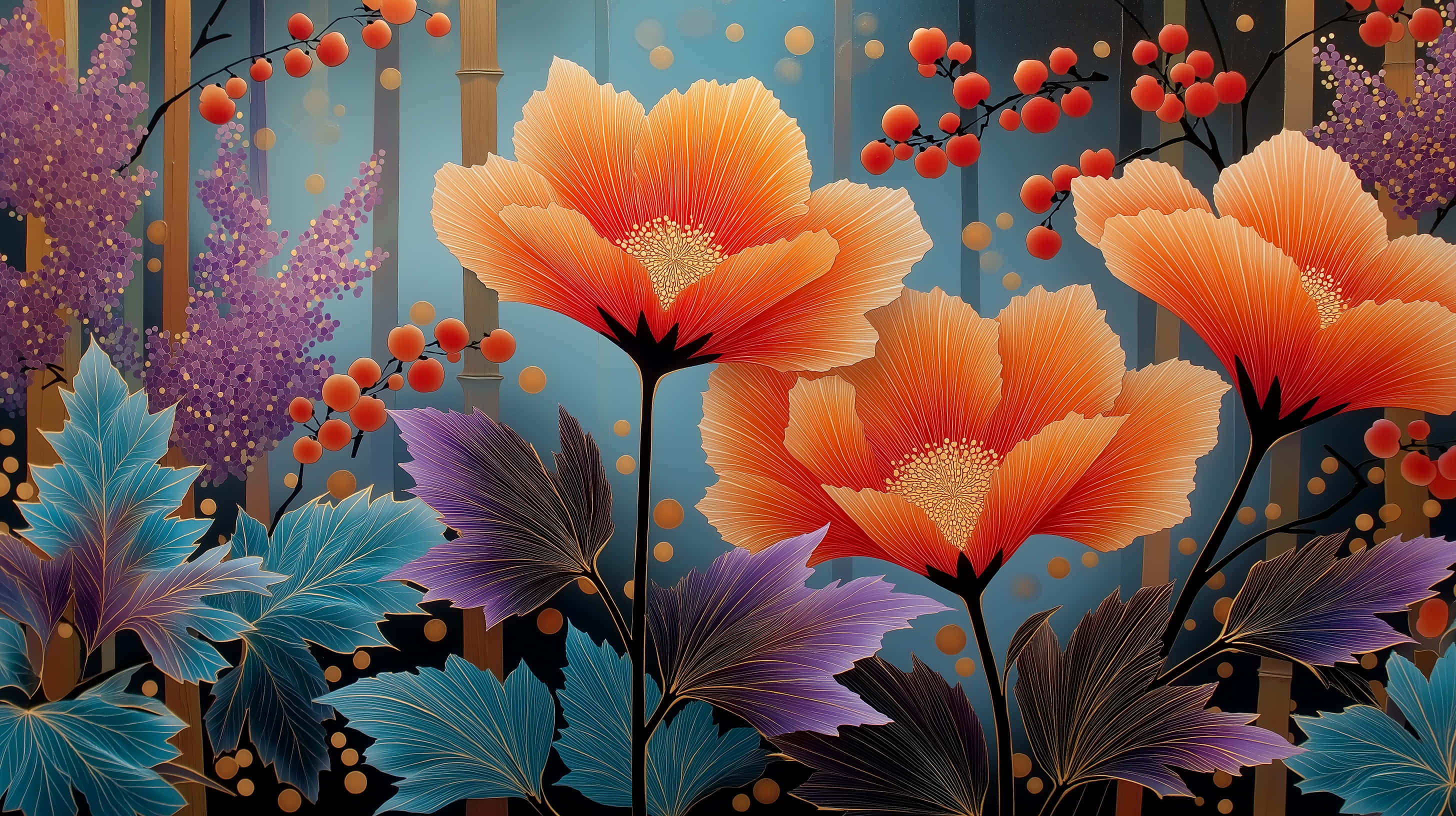 Japansk abstrakt maleri med dristige oransje blomster Bakgrunner