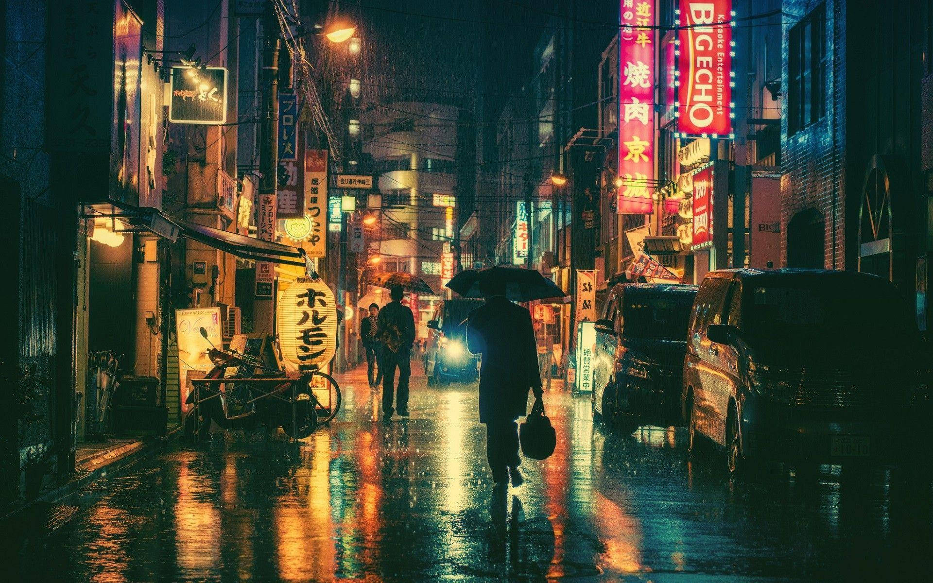Japansk animeby med reklameskilt Bakgrunner