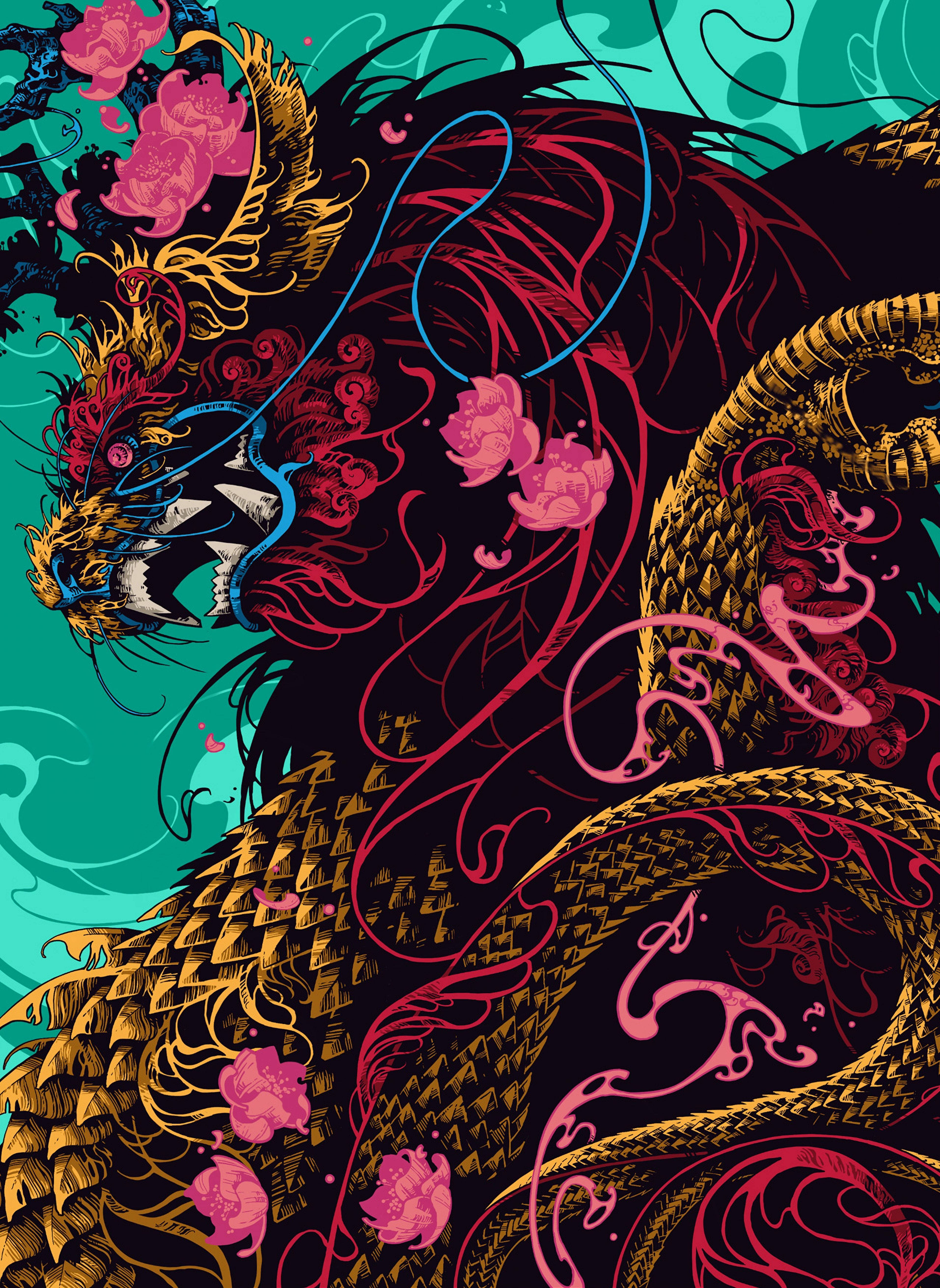 Japansk dragekunst med rosa lotus Bakgrunner