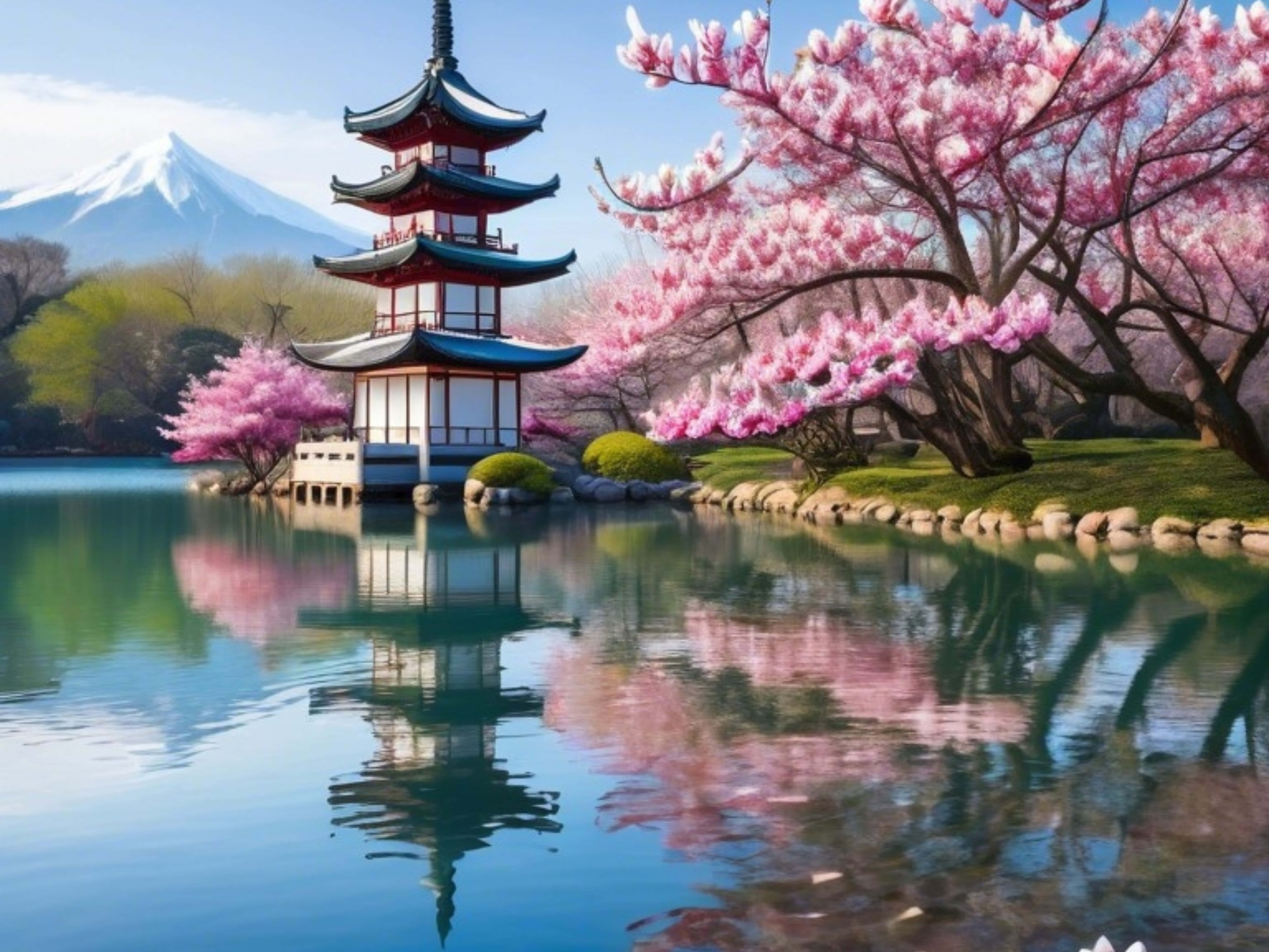 Japansk landskap med en rolig innsjø, kirsebærblomsttrær, en helligdom og fjell. Bakgrunner