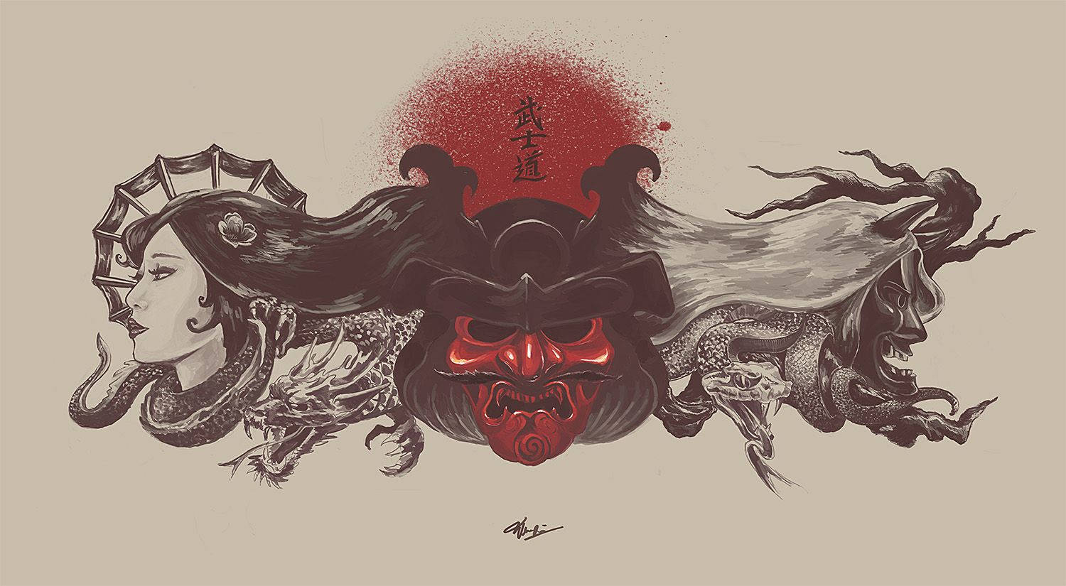 Japansk samurai-kvinne og demon Bakgrunner