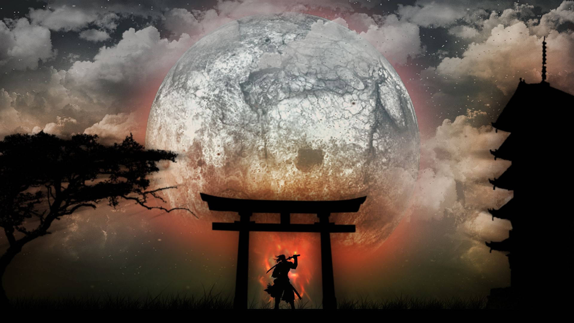 Japansk Samurai Måne Torii Bakgrunner