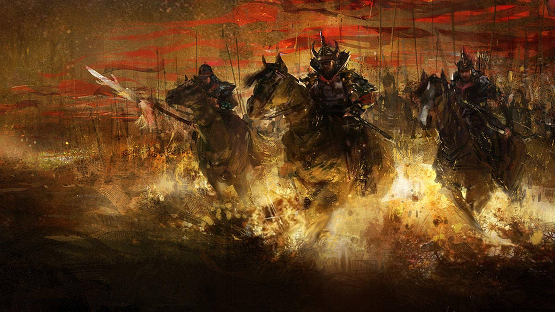 Japanske samurai- hester og flammer Bakgrunner