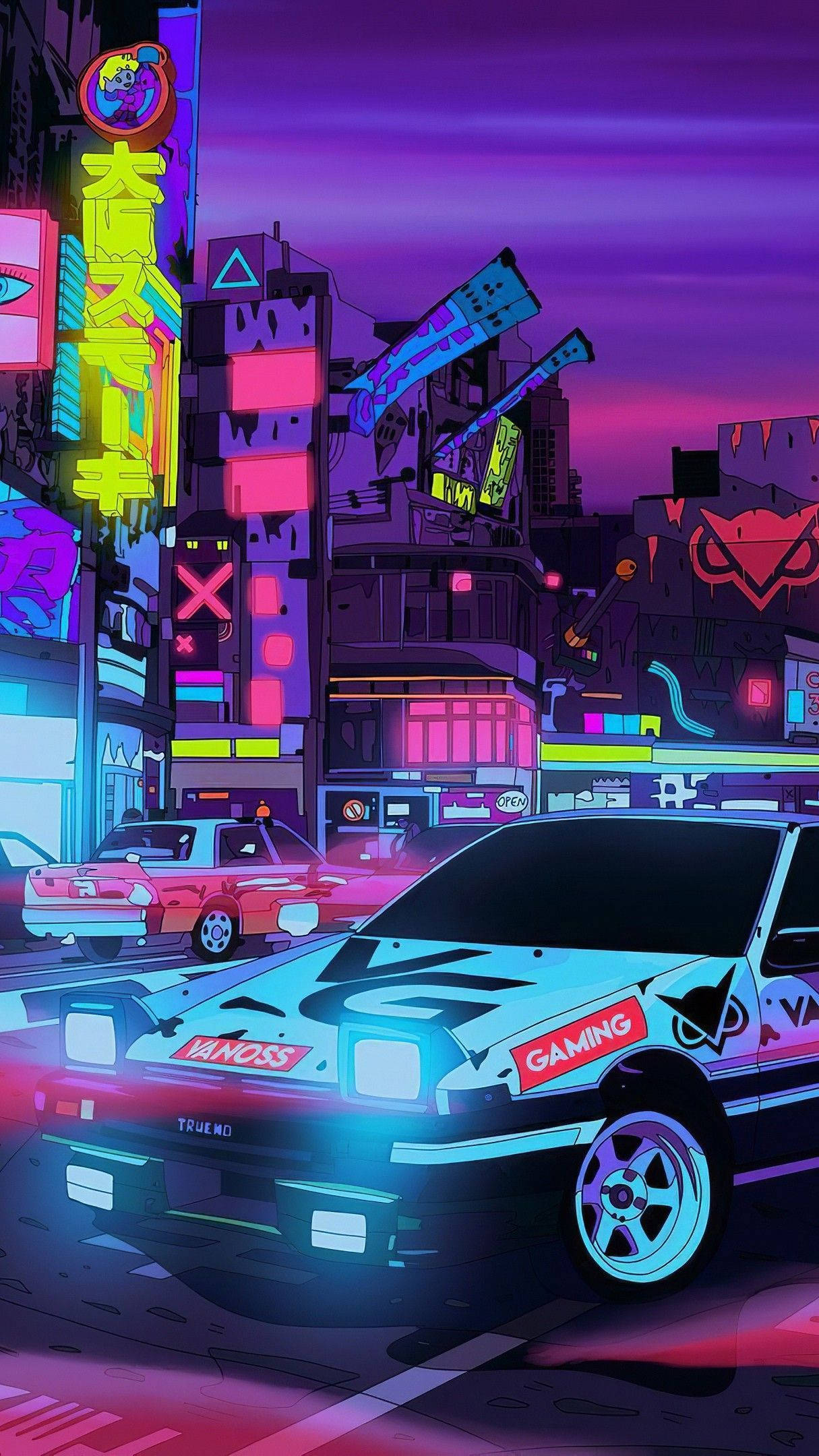 JDM-bil med neonlys i pulserende natteliv Bakgrunner