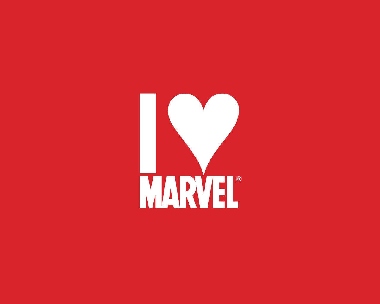 Jeg elsker Marvel-tegneserier med stort hvitt hjerte på rød bakgrunn.