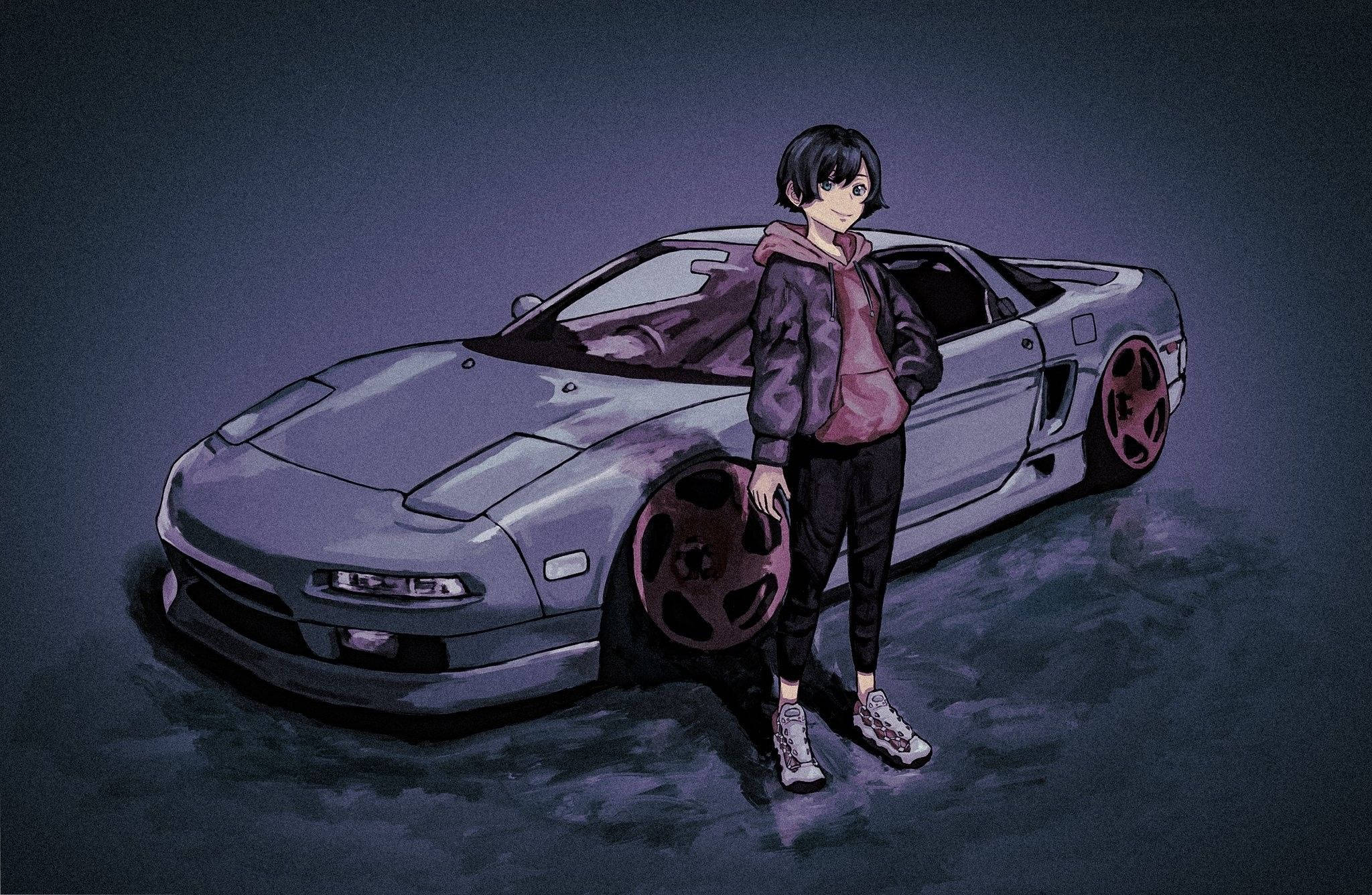 Jente i hettegenser ved siden av bil anime Bakgrunner