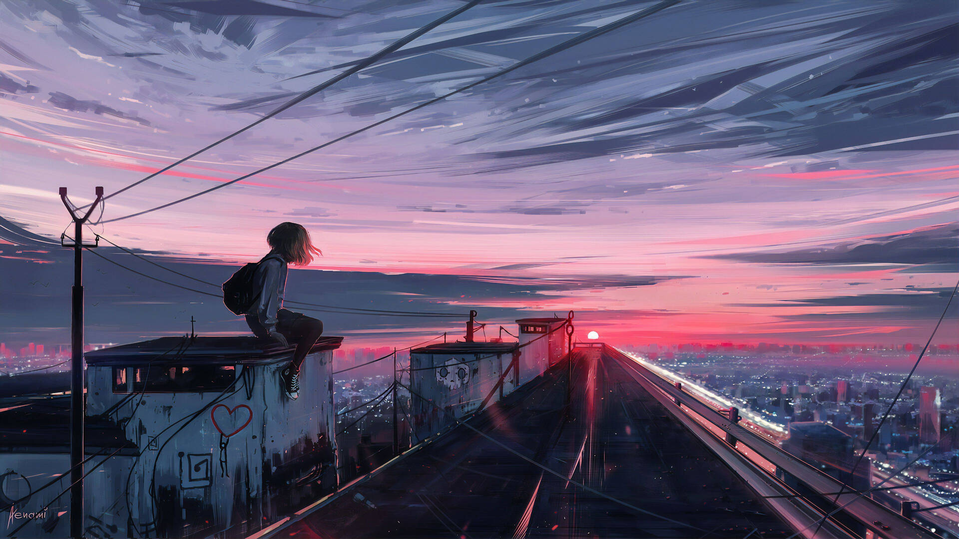 Jente på Taket Anime Estetisk Solnedgang