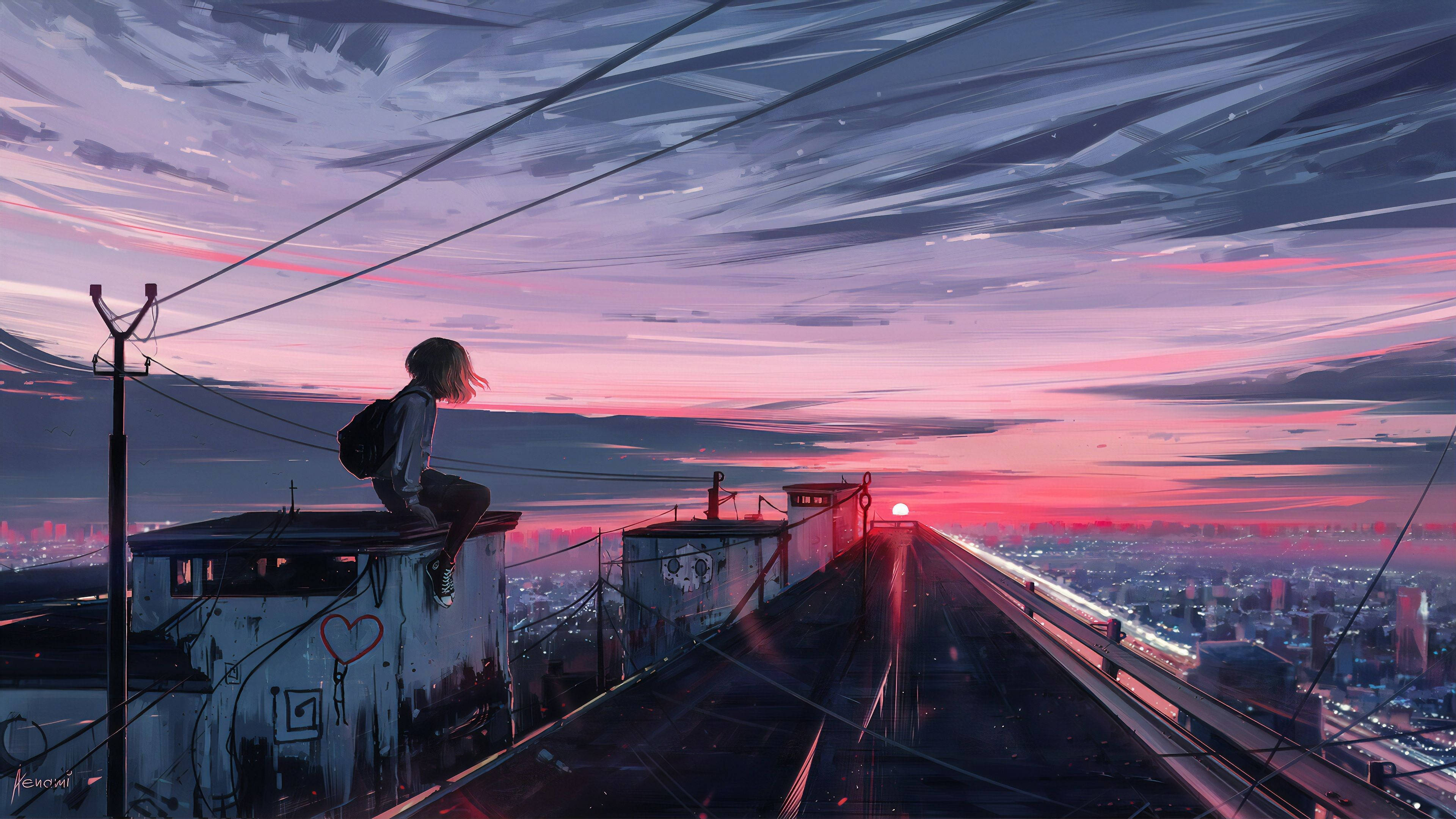 Jente på Taket Anime Estetisk Solnedgang Bakgrunner