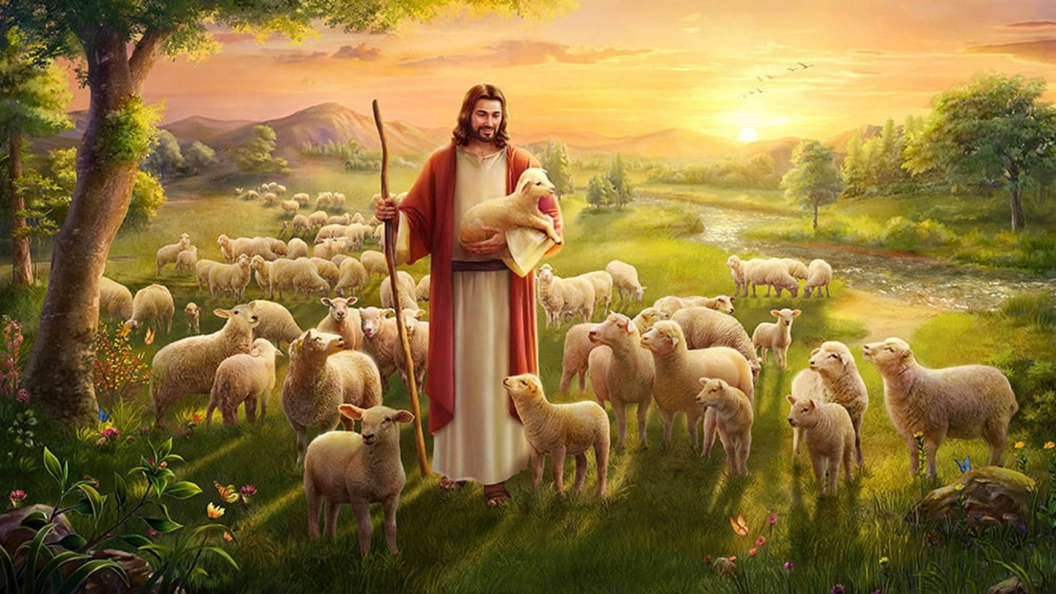 Jesus omgitt av lam skrivebordsbakgrunn Bakgrunner