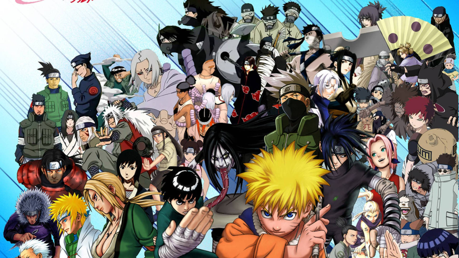 Naruto Shippuden-karakterer, Kakashi, Sakura, Sasuke, Gaara, Itachi, Hinata, Tsunade, Jiraiya.