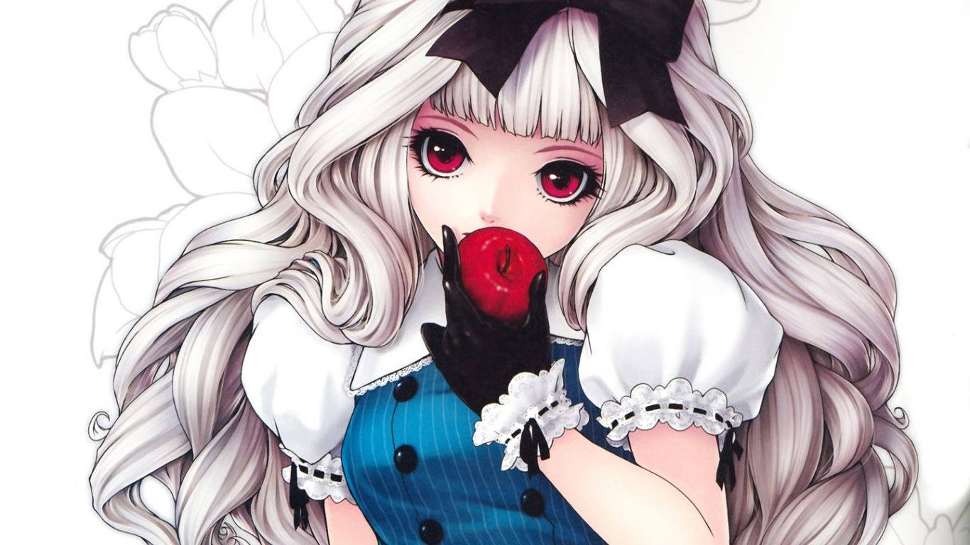 Kawaii Anime Alice i Eventyrland som holder et eple Bakgrunner